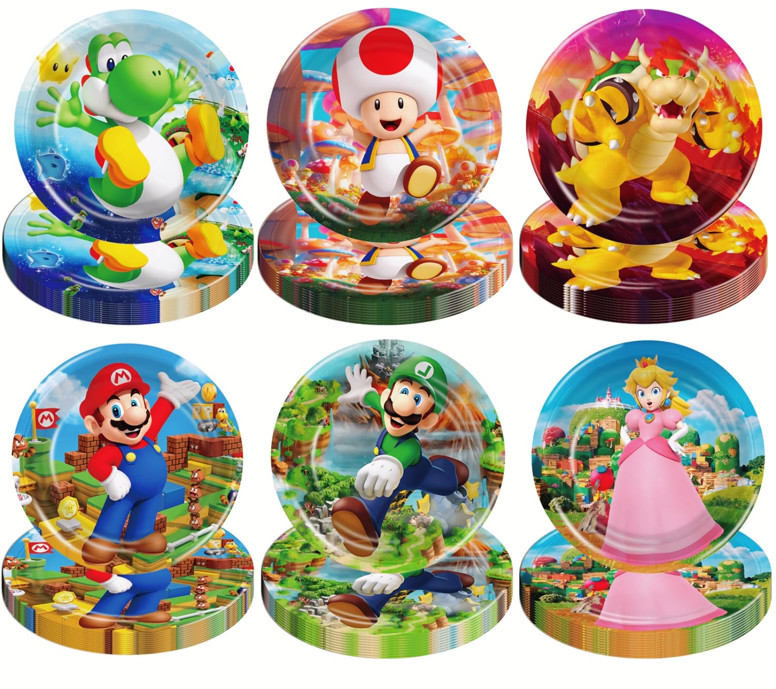 VDESFUEBY 60Pcs Mairo Birthday Party Supplies Disposable Plates 6 styles Mario Plates Mairo Birthday Decorations Favors for Kids Birthday, 7”, colours