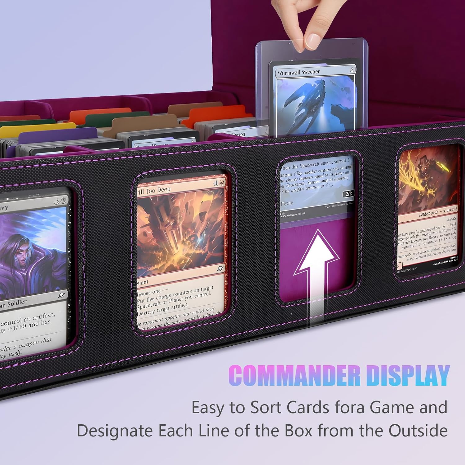Trading Card Storage Box Display,Water-Resistant 3000+ Capacity Leather Card Storage Box, 4-Row Magnetic Deck Case for Sports & TCG Cards Black and Purple