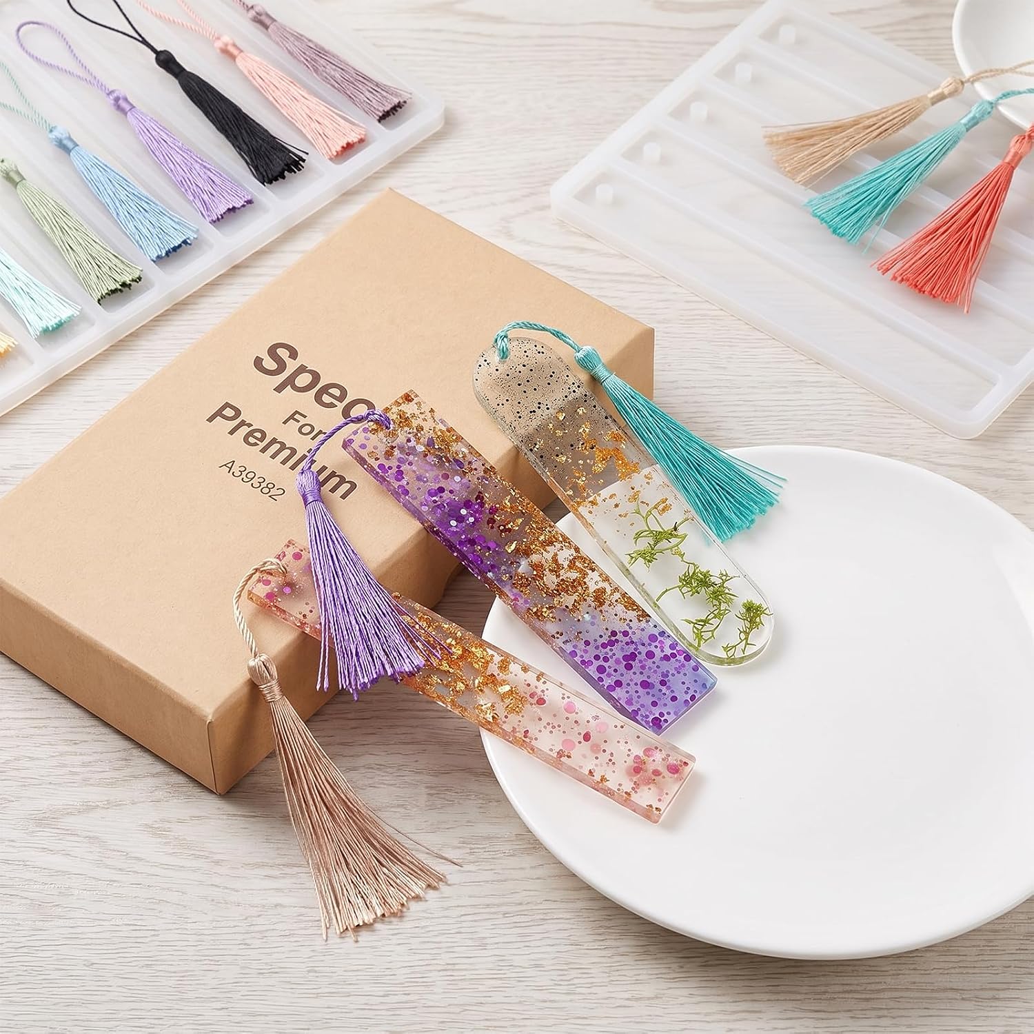 3PCS Resin Bookmark Mold Silicone, 15-Cavity Set with 20 Tassels Silicone Molds for Epoxy Resin Crafting