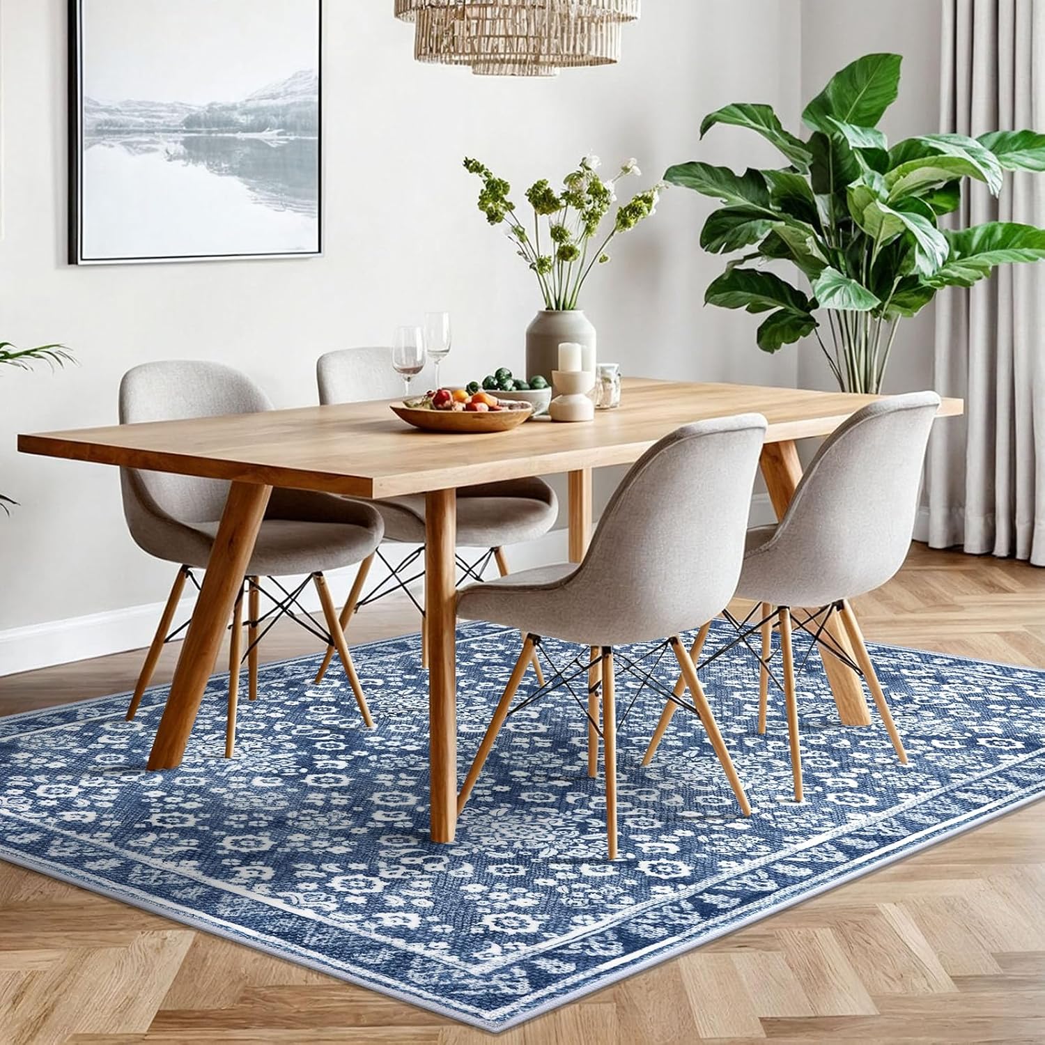 Vintage 5x7 Area Rug, Denim Blue White Washable Living Room Area Rug Non-Slip Thin Printed Faux Wool Floor Super Soft Carpet Throw Rugs for Bedroom Dining Room Playroom Indoor Office