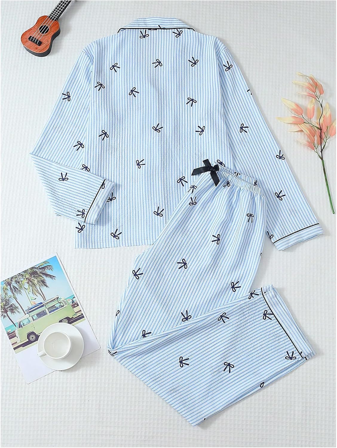 Women's 2 Piece Bow Pajama Set Striped Long Sleeve Button Down Sleepwear with Pants Loungewear - Image 2
