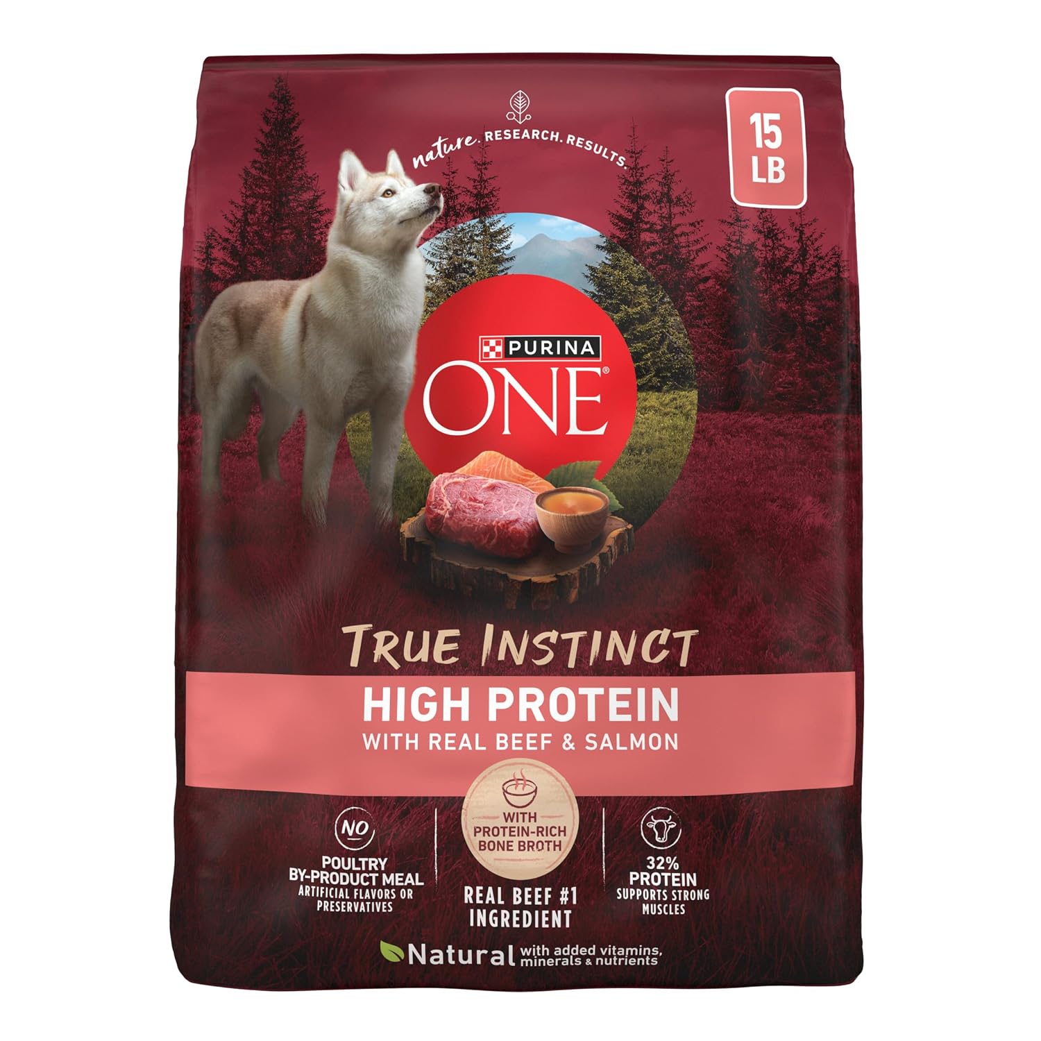 Purina ONE Natural High Protein Dry Dog Food Dry True Instinct with Real Beef and Salmon With Bone Broth and Added Vitamins, Minerals and Nutrients - 15 lb. Bag