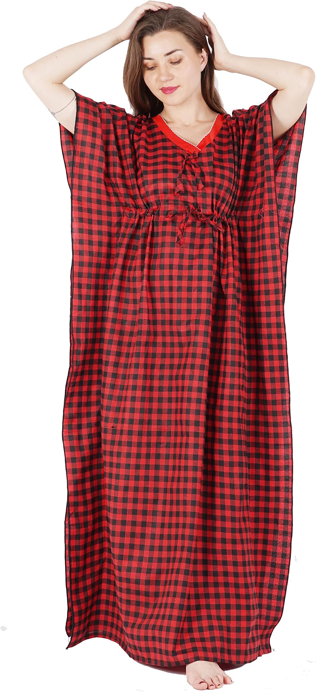 OnekbhaloWomen's Cotton Checked Kaftan Nighty Maxi Gown Maternity Gown Nightwear Dress Long Nighty Kaftan Free Size One Piece Drees (PK_Red_X-Large)