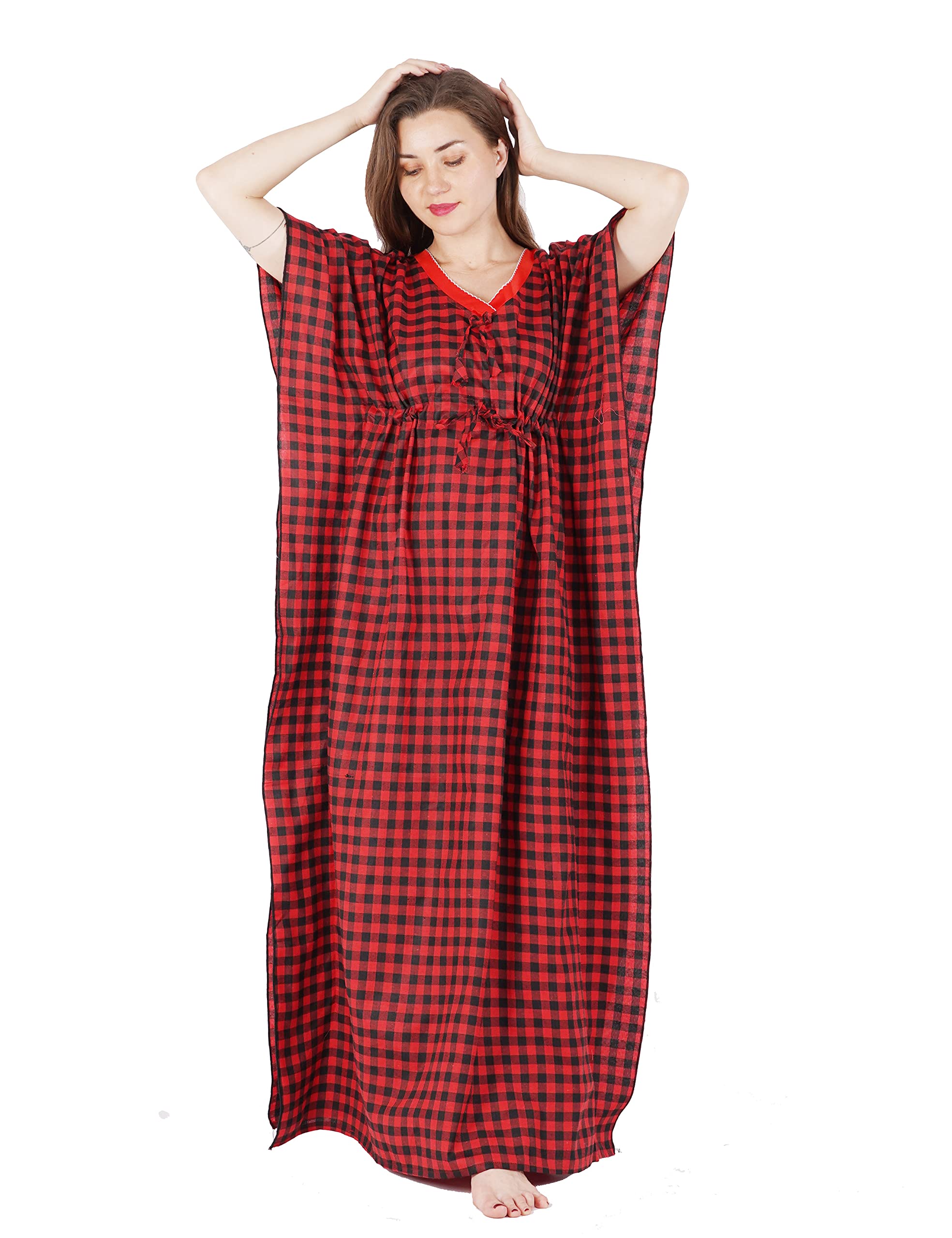 OnekbhaloWomen's Cotton Checked Kaftan Nighty Maxi Gown Maternity Gown Nightwear Dress Long Nighty Kaftan Free Size One Piece Drees (PK_Red_X-Large)