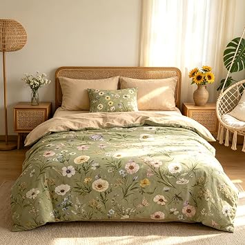 CCoutueChen Green Floral Bedding Sets Queen Size, Botanical Flowers Comforter for Women, Warm Microfiber Vintage Bed Set with 2 Pillowcases, 90"x90"
