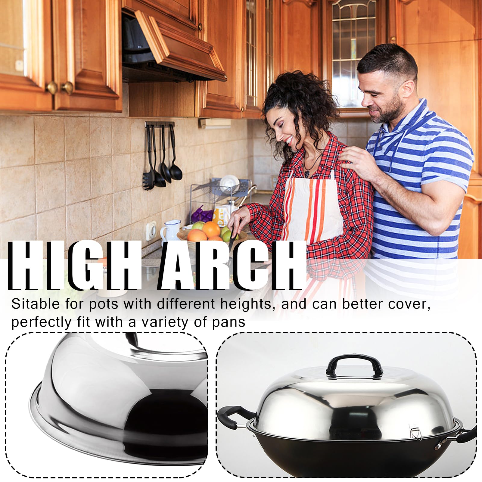 Couvercle de wok rond multifonctionnel en acier inoxydable avec poignée Couvercle Teppanyaki pour la friture, la cuisson à la vapeur et les grillades à la maison 36 cm