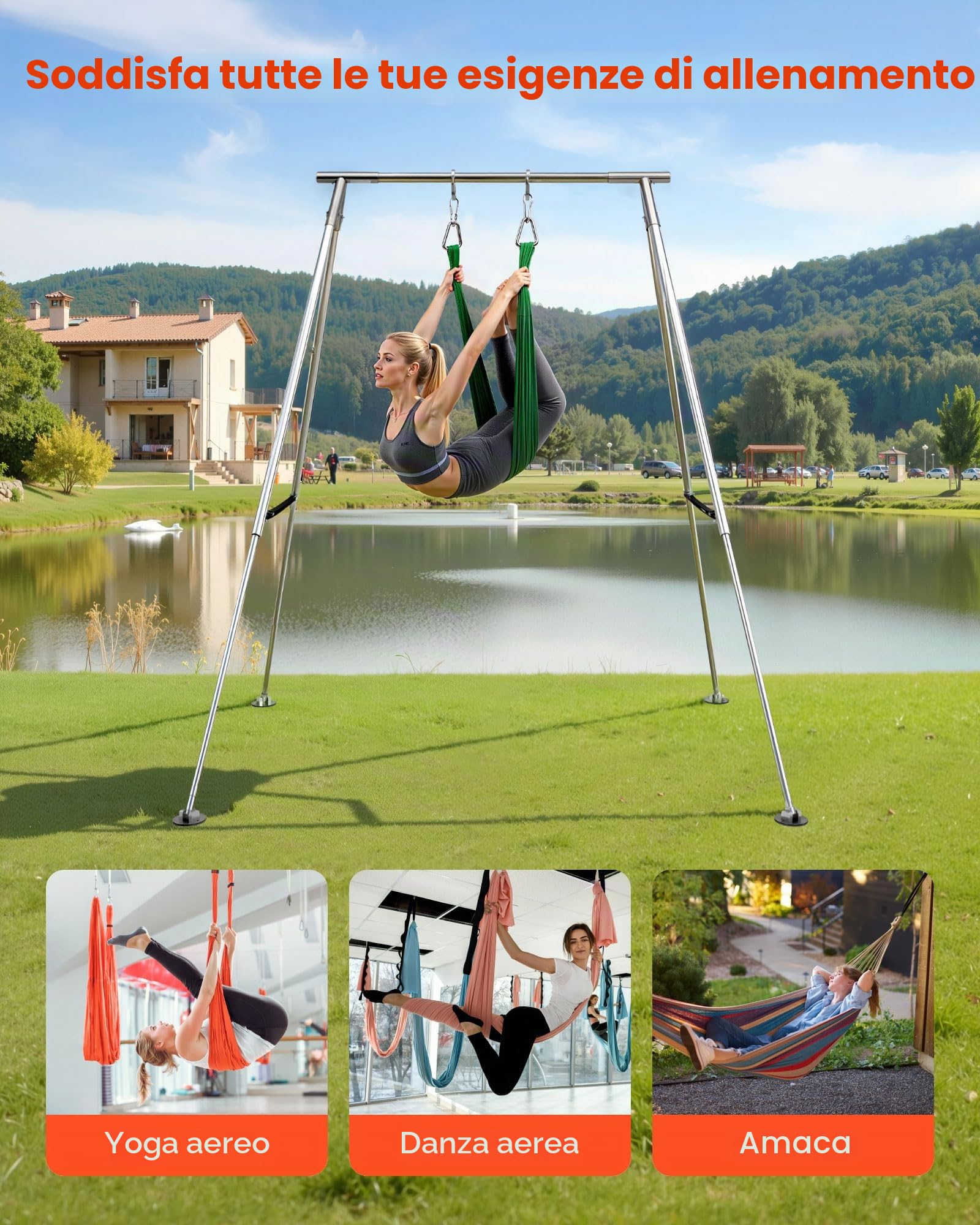 VEVOR Supporto per Yoga Aereo con Struttura Oscillante Capacità di Carico max. 140,6 kg, Struttura per Trazioni Supporto Triangolare, per Tessuti Aerei con Gambe Regolabili in Altezza, Yoga Aereo