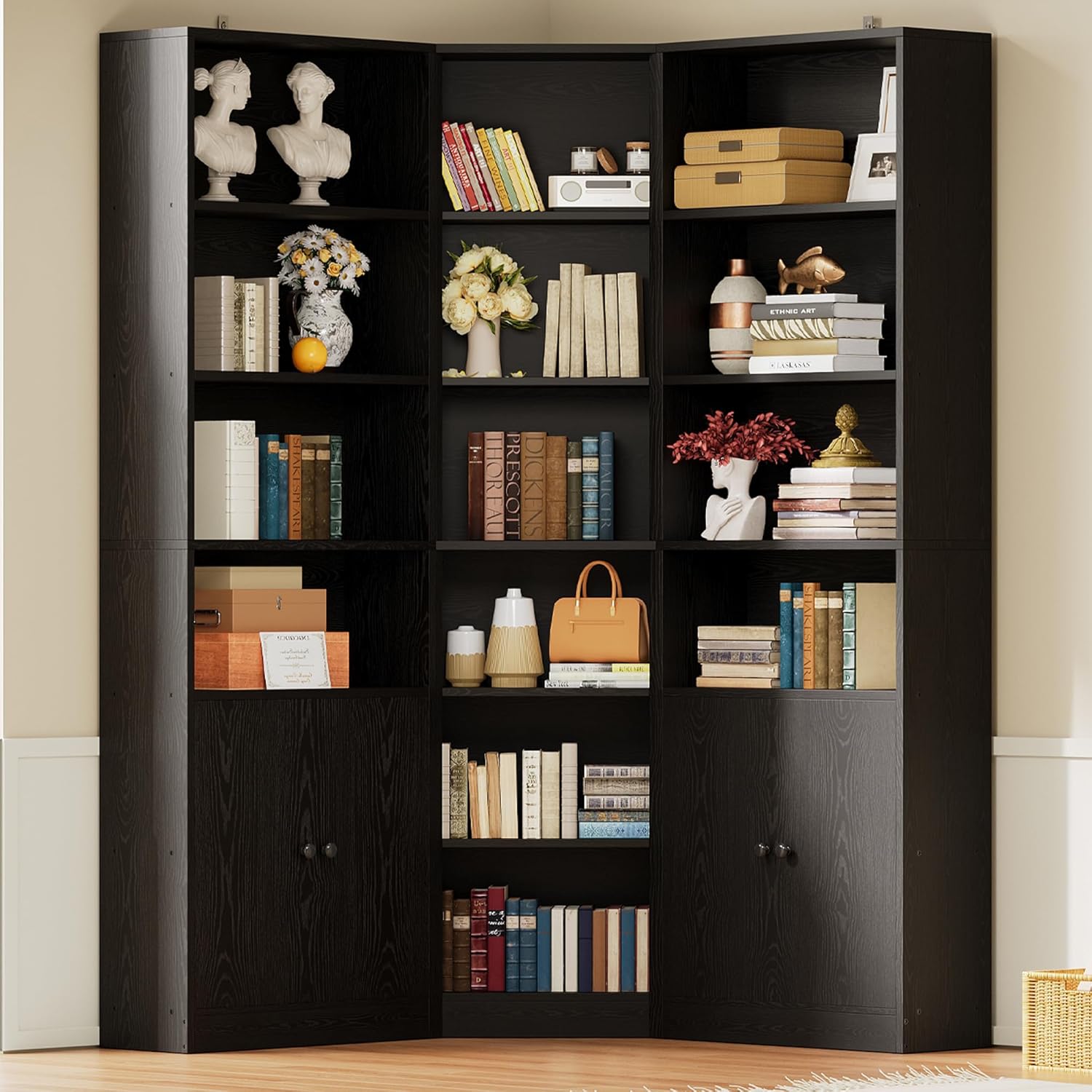 IRONCK Corner Bookshelf and Bookcase with 2 Storage Cabinets and 7 Tier Shelves, 71" Height Storage Shelves Corner Combination, Black