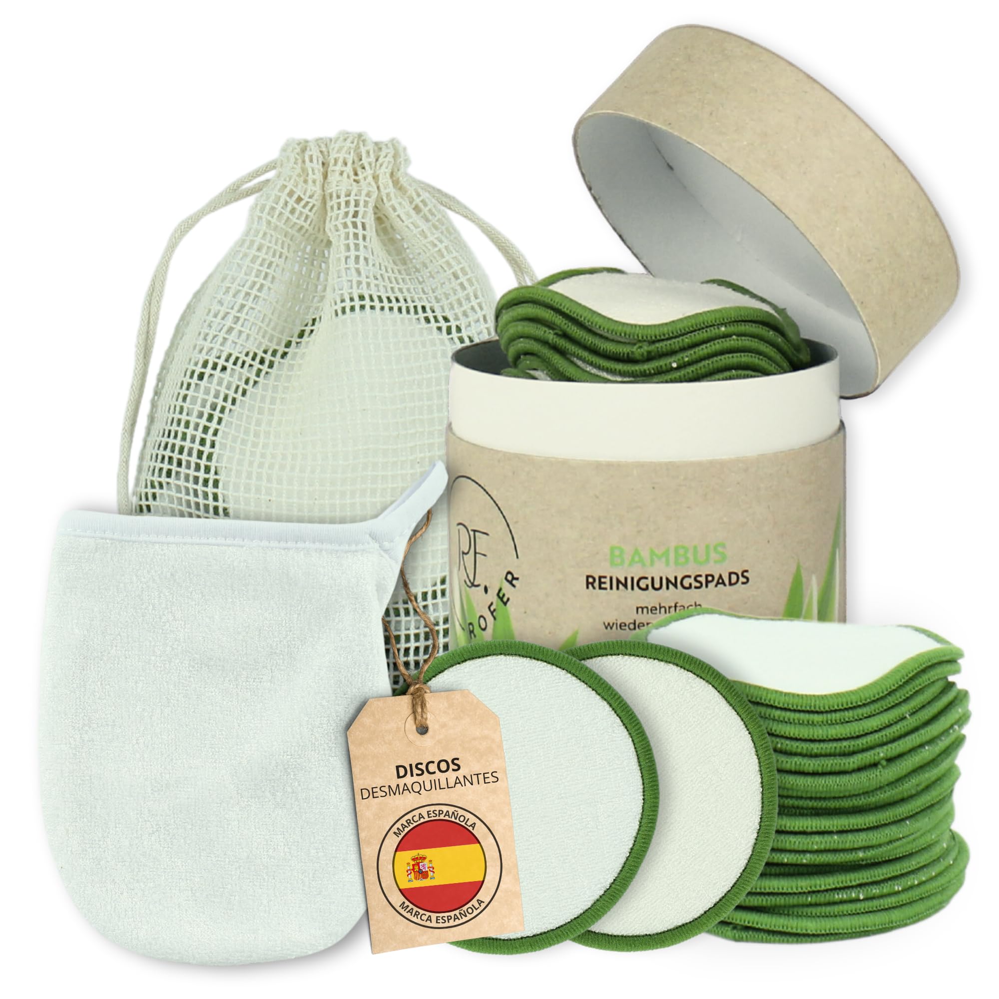 RF.ROFER Discos Desmaquillantes Reutilizables de Bambú 19uds+Manopla exfoliante+Bolsa lavandería+Caja Almacenamiento|Algodón Desmaquillantes de Bambú Orgánico