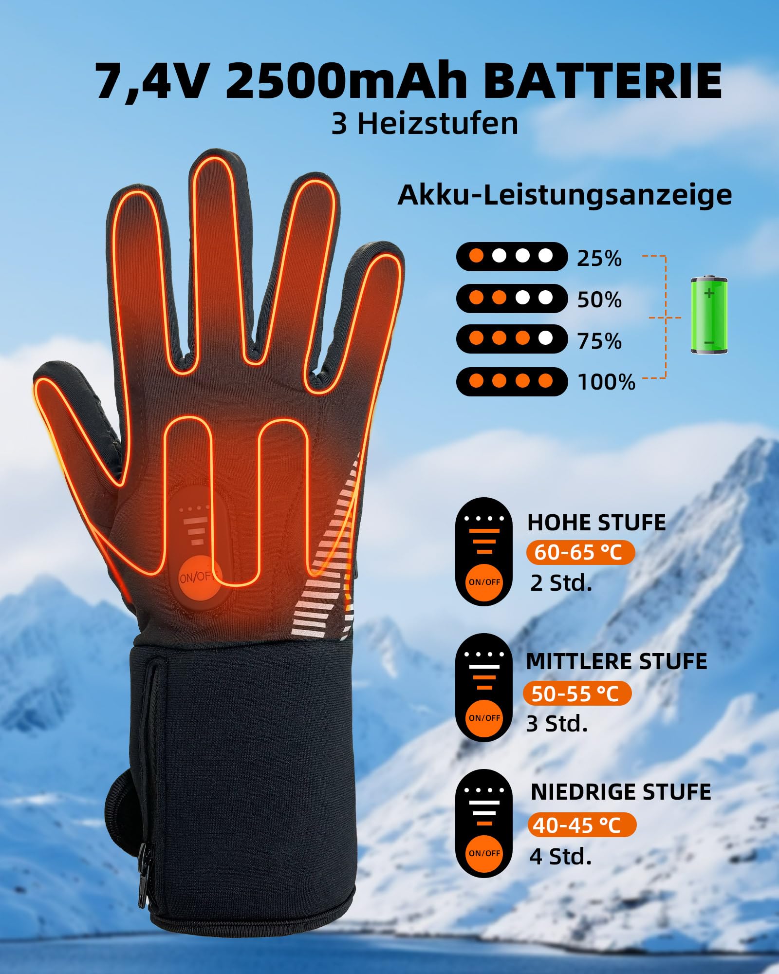 EBOSSOM Beheizbare Handschuhfutter, Winterhandschuhe Herren Damen, Wiederaufladbare Batterie Warme Touchscreen Handschuhe, fürs Skifahren Wandern Radfahren Motorradfahren