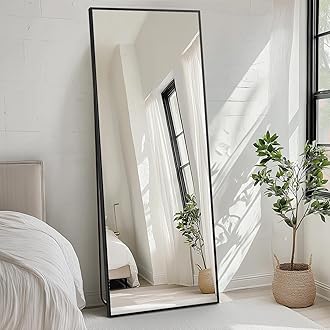 FAB&DELUXE Full Length Mirror - 64"x21" Standing or Leaning Full Body Mirror with Aluminum Alloy Frame, Floor Mirror for Bedroom Bathroom Wall Decor, Rectangular, Black