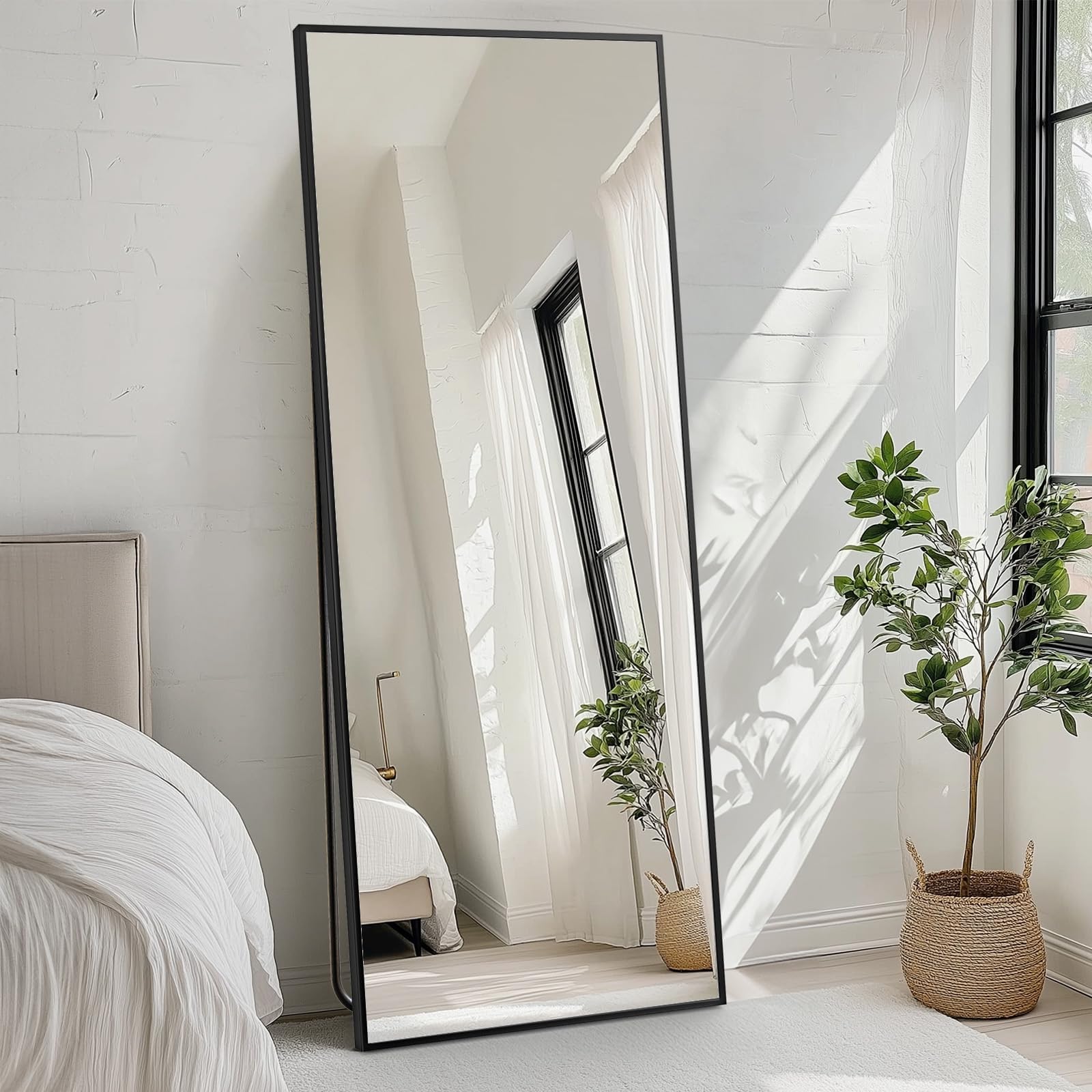 FAB&DELUXE Full Length Mirror - 64"x21" Standing or Leaning Full Body Mirror with Aluminum Alloy Frame, Floor Mirror for Bedroom Bathroom Wall Decor, Rectangular, Black