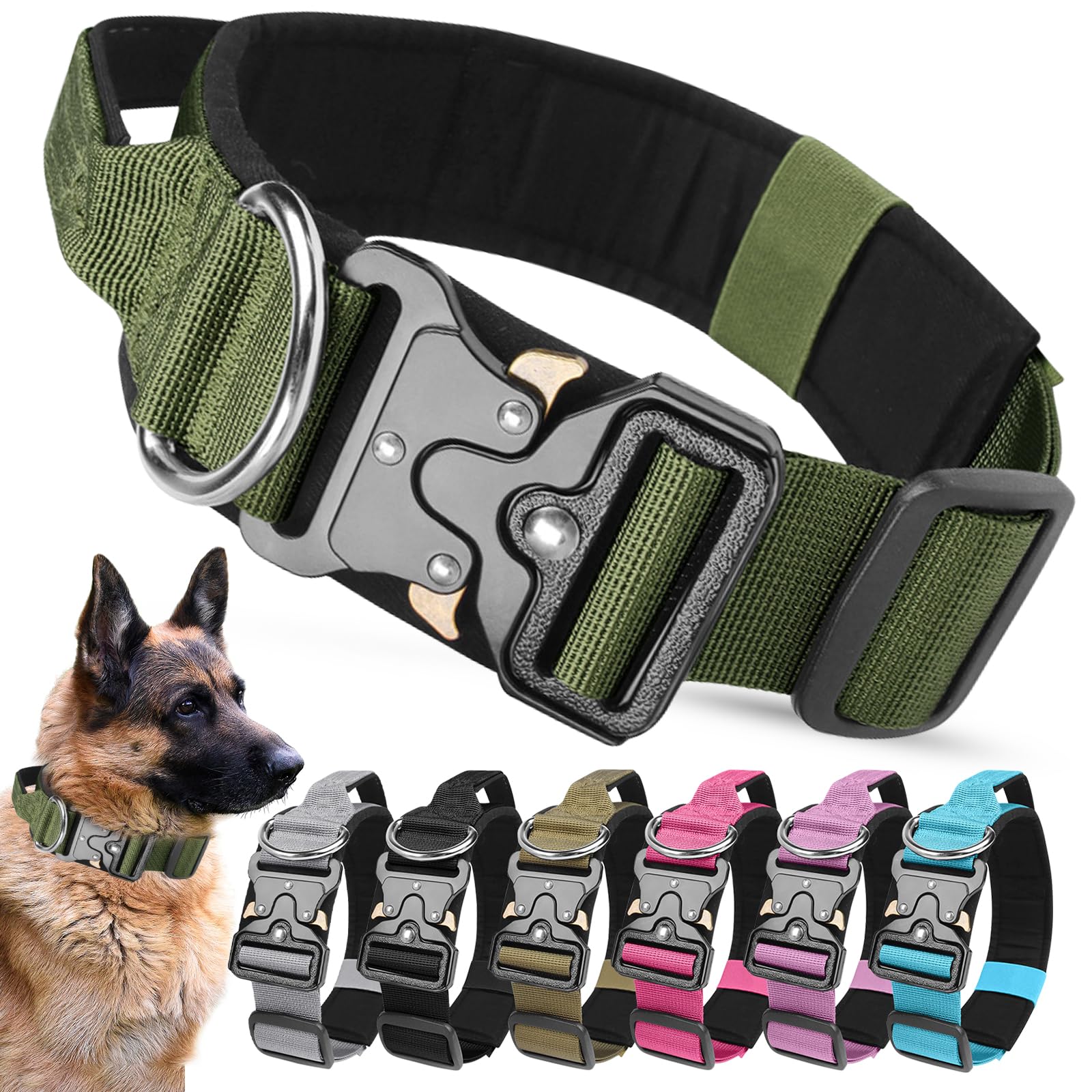 AKOFIC Tactical Dog Collar, Heavy Duty Wide Dog Collar with Handle and Soft Padded