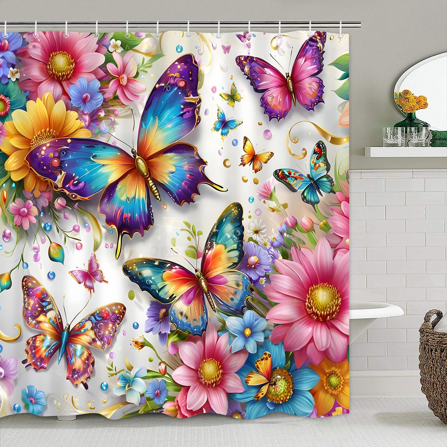Chrainy 4Pcs Butterfly Colorful Shower Curtain Sets with Rugs Floral Bathroom Set with Non-Slip Rugs Toilet Lid Cover and Bath Mat Vintage Shower Curtain with 12 Hooks, Durable Bathroom Decor Set