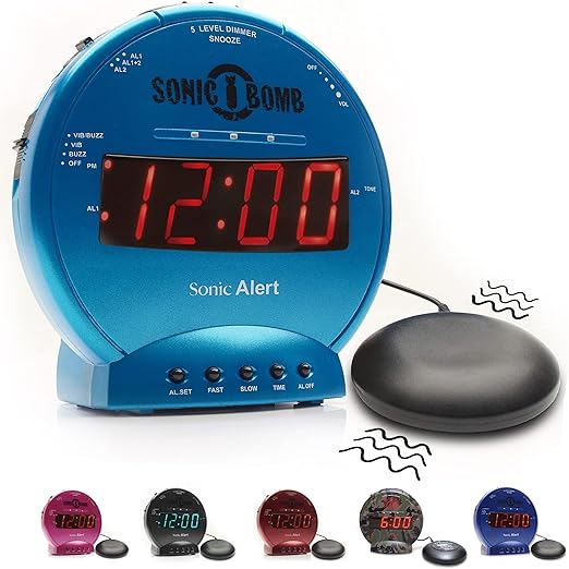 Sonic Alert Sonic Bomb Dual Alarm Clock with Bed Shaker, Turquiose Vibrating Alarm Clock Heavy Sleepers, Battery Backup | Wake with a Shake