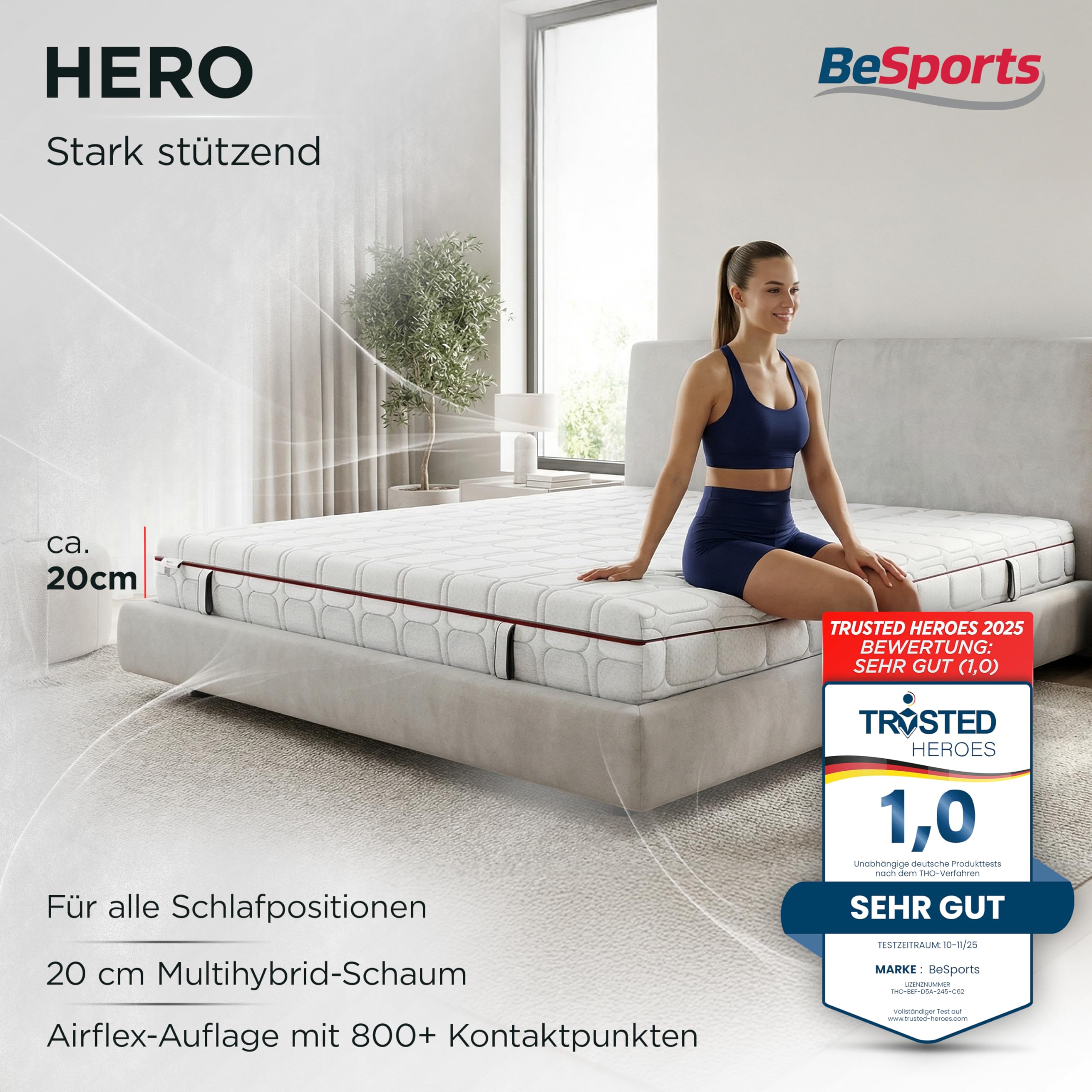 Hero Matratze 90x200 cm, Note 1,0, 7-Zonen Kaltschaum H3/H4, punktelastisch & atmungsaktiv, wendbar, Bezug abnehmbar & waschbar, Oeko-TEX Standard 100