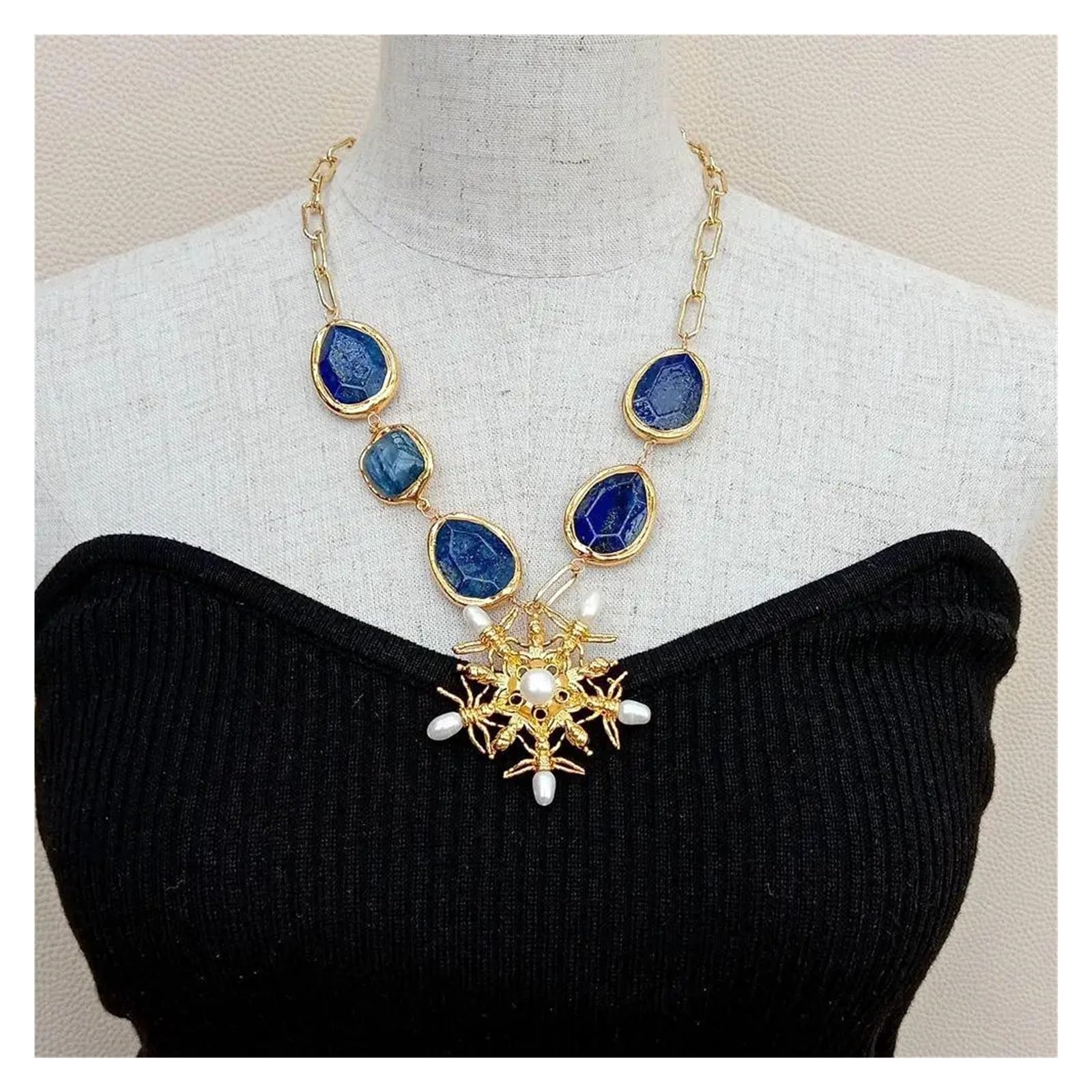 White Pearl animal charm Pendant 21" for women Blue Lapis Kyanite Gold color Plated Edge Chain Necklace