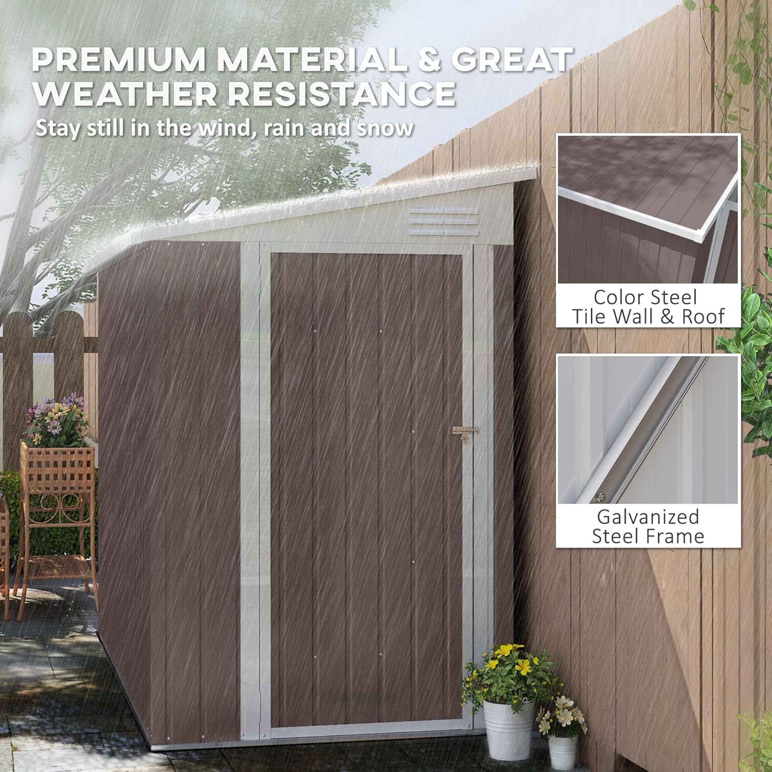 4'x7.7' Outdoor Robust Strong Metal Lean-to Storage Shed with Lockable Ventilated Door for Airflow Optimization and Security