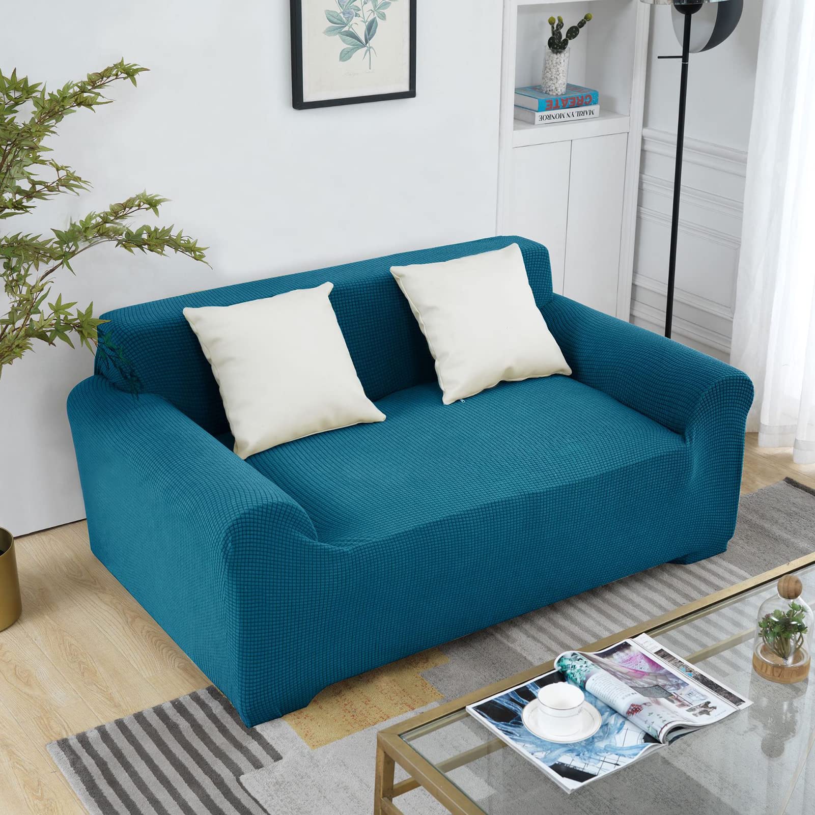 Housse de canapé extensible 1 place vert foncé en tricot jacquard lavable en machine