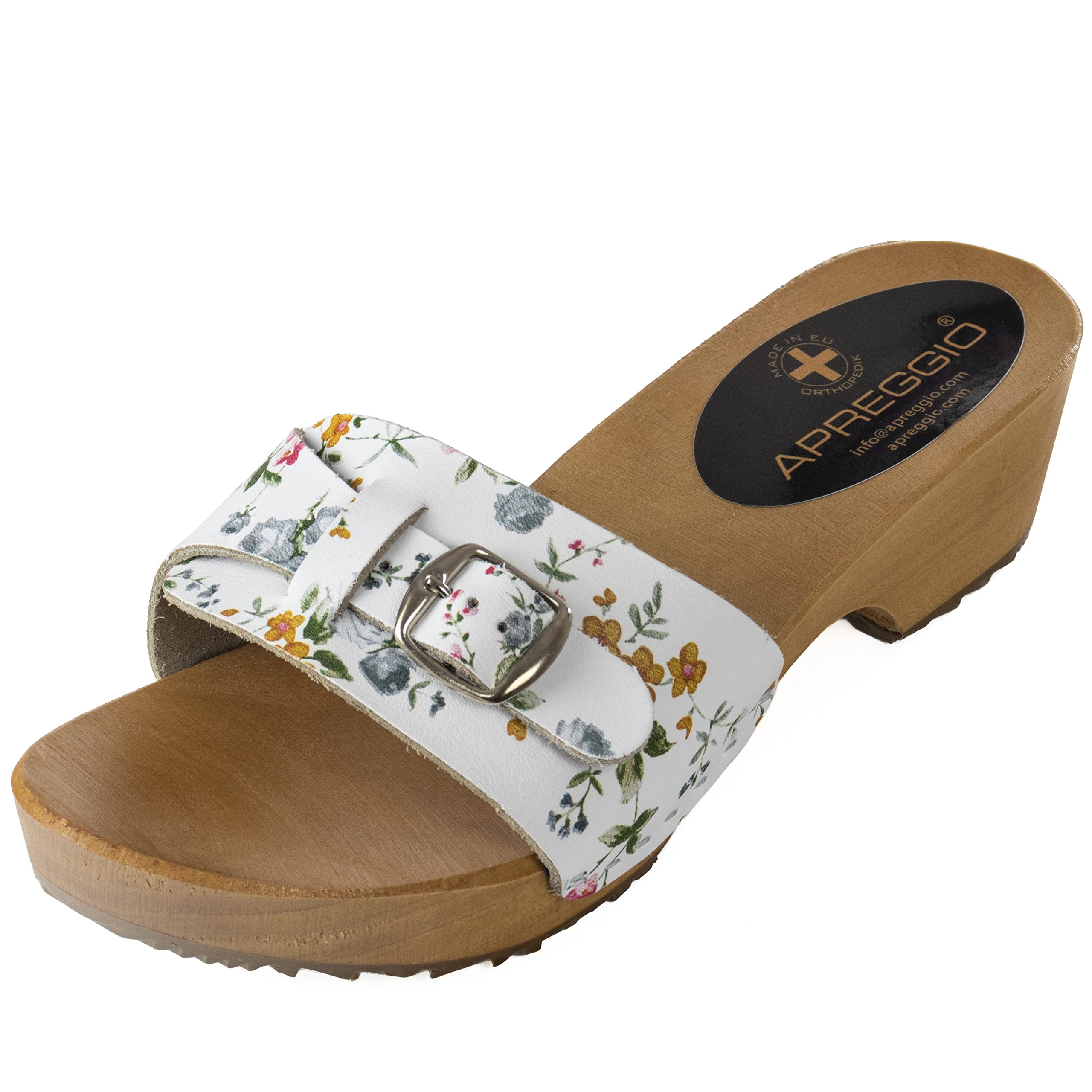 APREGGIO Zoccoli da Donna in Pelle Liscia - Eleganti Sandali Estivi da Donna con Tacco Alto - Stile Svedese - Punta Aperta - Suola in Legno - per L'Estate - Bianco con Fiori