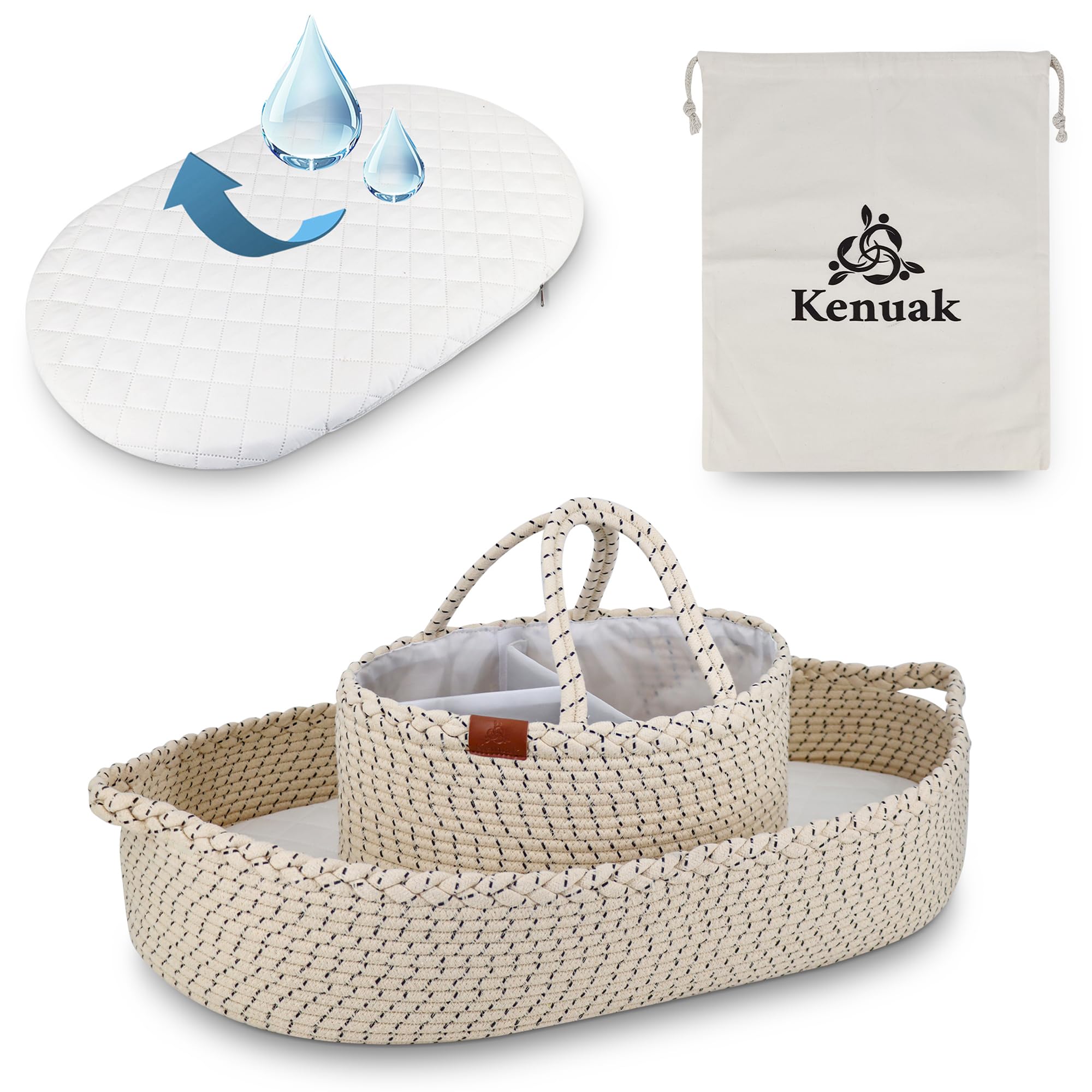 Kenuak Portable Baby Changing Mat, 100% Natural Cotton Basket, Waterproof TPU Pad, Folding, Dotted, Black, 1.34 kg