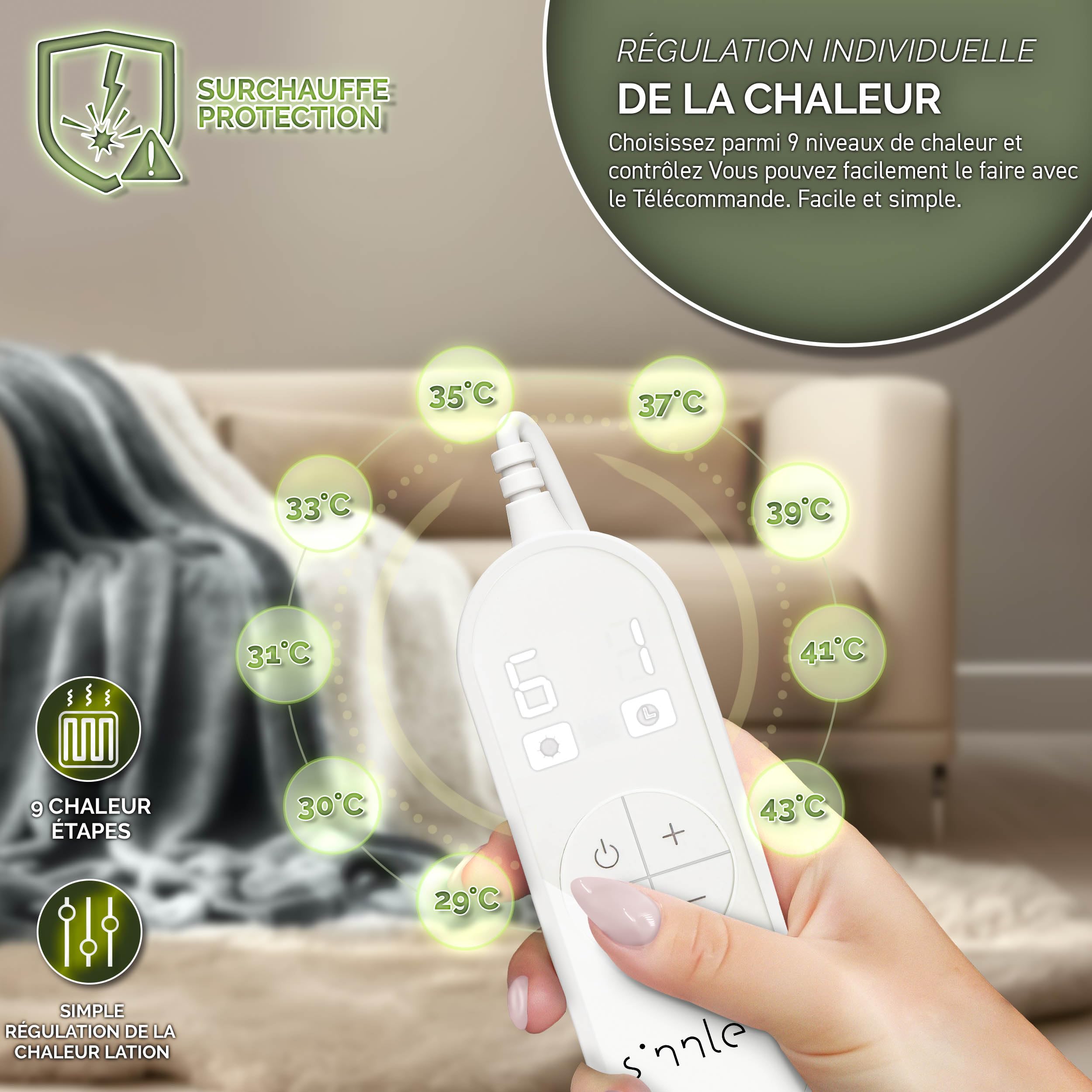 sinnlein® Couverture chauffante 200 x 180 cm avec arrêt Automatique | Plaid électrique avec 9 Niveaux de température | Couverture Douillette Lavable