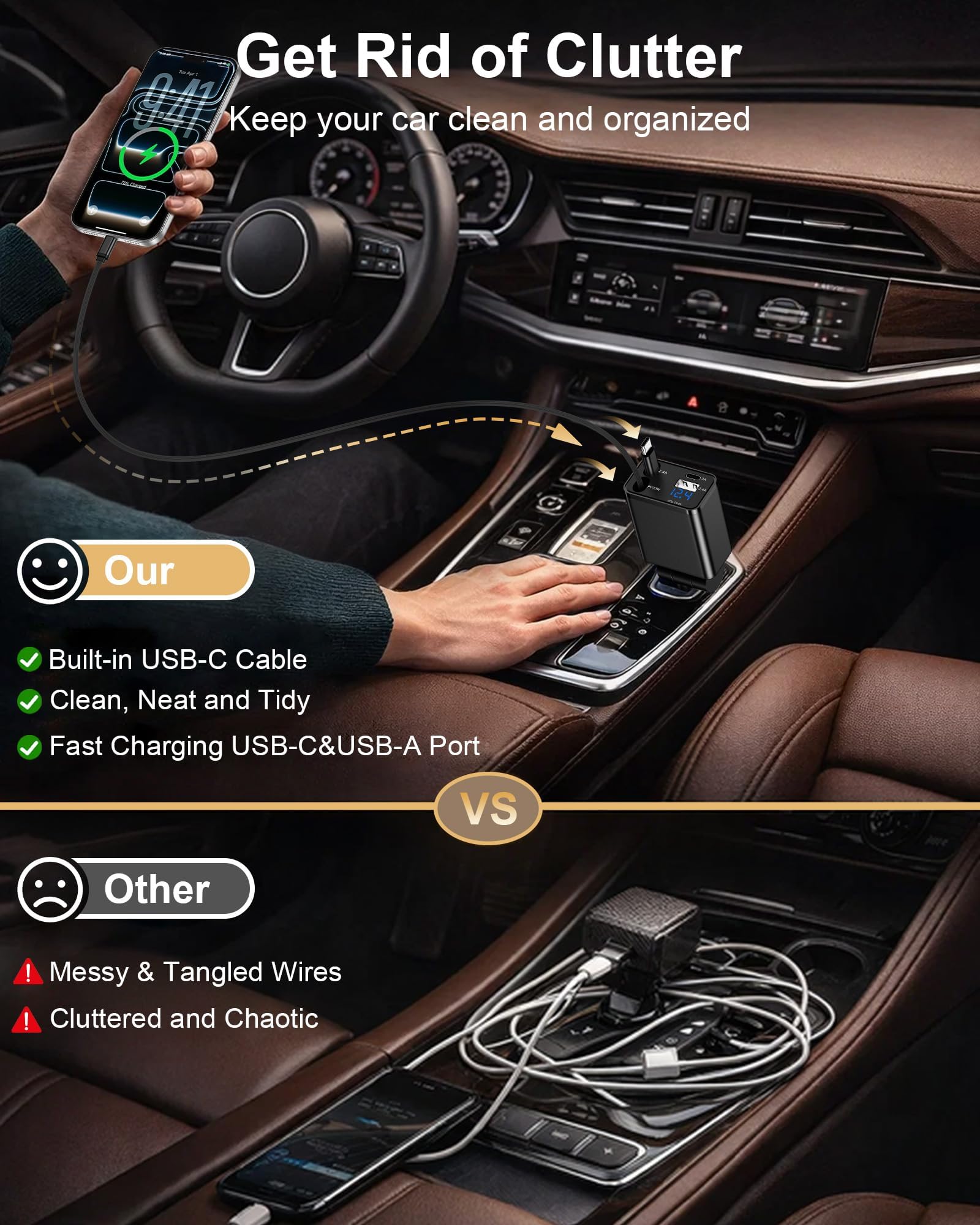 Caricatore retrattile per telefono da auto per iPhone 17 Samsung Android, 4 in 1 adattatore di ricarica veloce USB C con 2 cavi USB C flessibili, accendino USBC, regalo per uomini gadget per auto