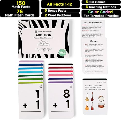 Miniatura 3 de Think Tank Scholar - Tarjetas de estudio de 150 datos de suma (ganador de premio), todos los datos 1 - 12, tarjetas de bolsillo para niños en jardín