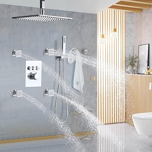 Miniatura 48 de Chorros de ducha cuadrados de oro cepillado con control de flujo y giratorio, chorros de masaje de agua ajustables de latón macizo, montaje en pared