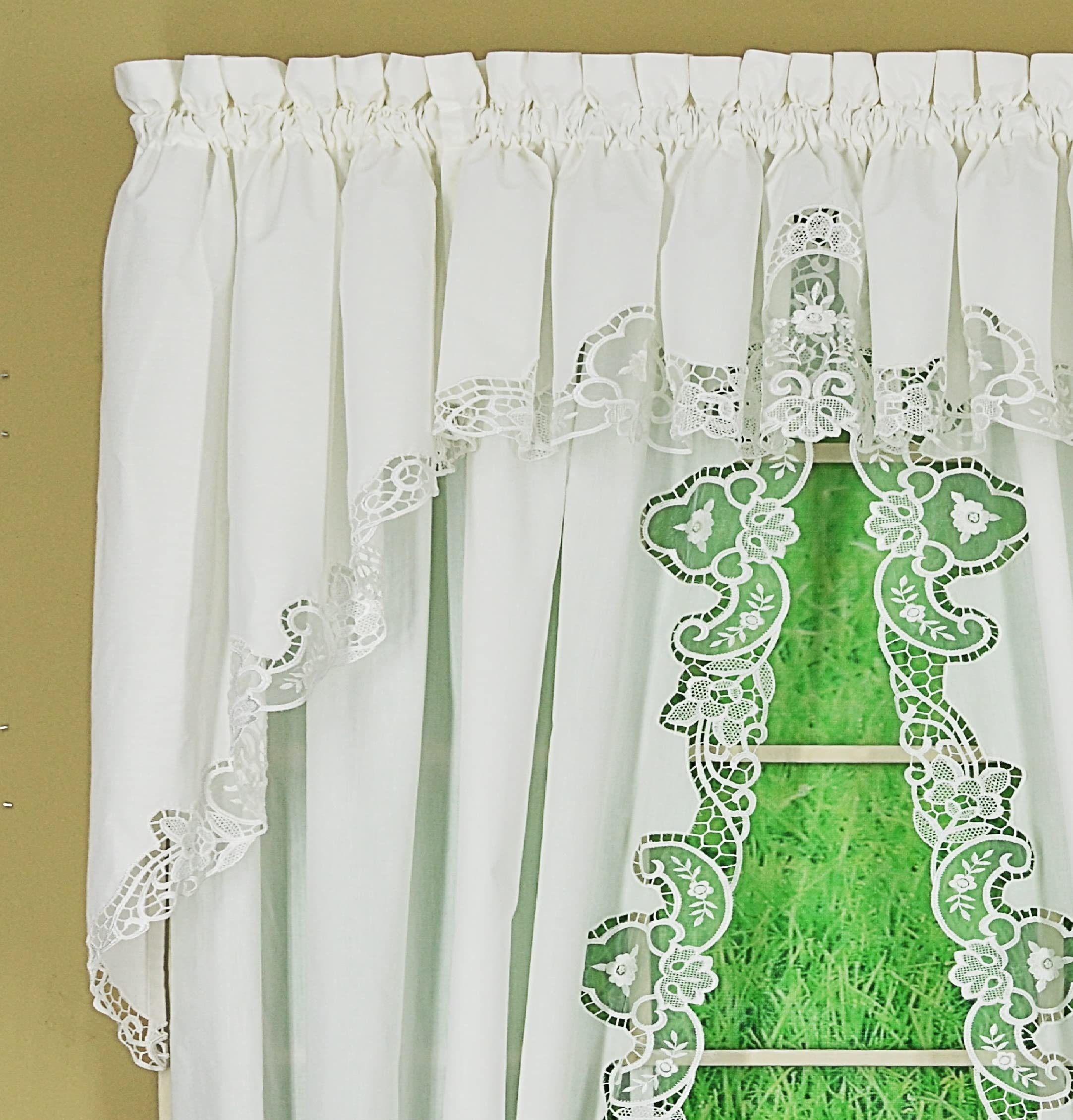 Today's Curtain Annabelle 203 cm L panel para z paskami makramowymi aplikacja zasłona, biała, 203 cm szer. x