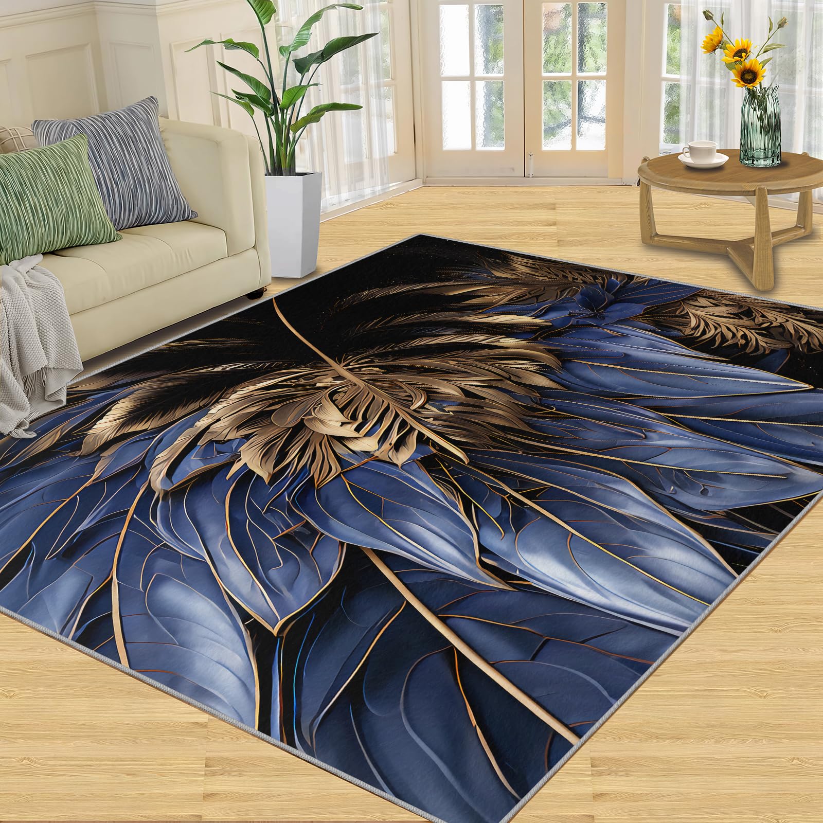 QDJKBL Navy Blue Gold Leaves Plant, Area Rug 140 X 200 Cm 3D Luxurious Tropical RainForest Palm Leaves Kitchen Rug, Sofa Cushion Non-Skid for Farmhouse