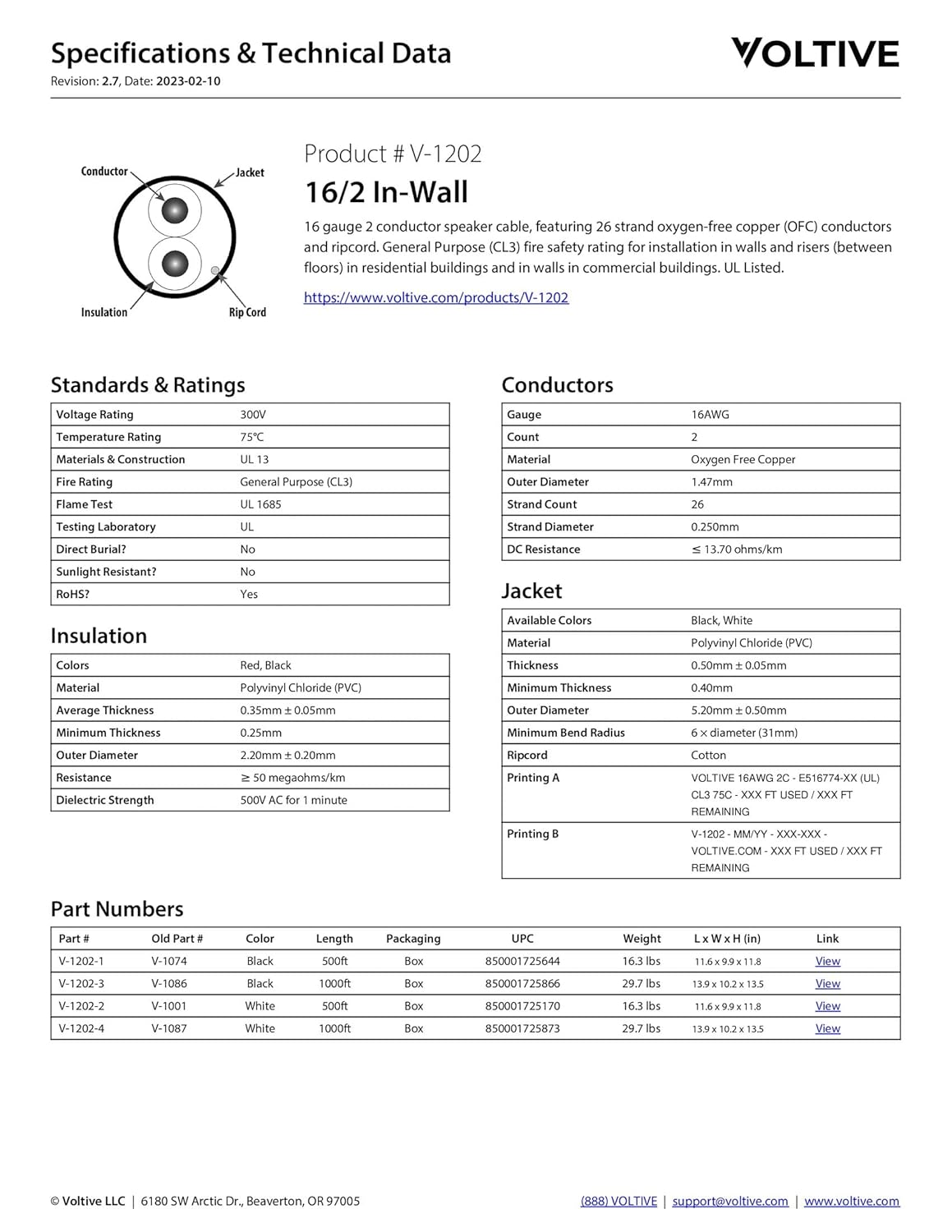 Voltive 16/2 Speaker Wire, in-Wall CL3, Black, 1000ft - 16AWG, 2 Conductors, Stranded Oxygen-Free Copper, UL Listed - V-1202-3