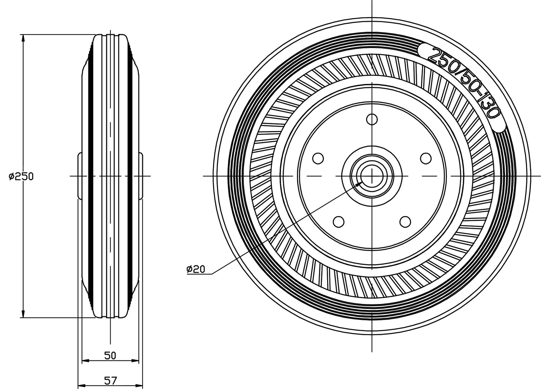 Gumowa opona 250 mm 10 cali z tłoczoną stalą środkową 20 mm 840 kg, zestaw 4 sztuk