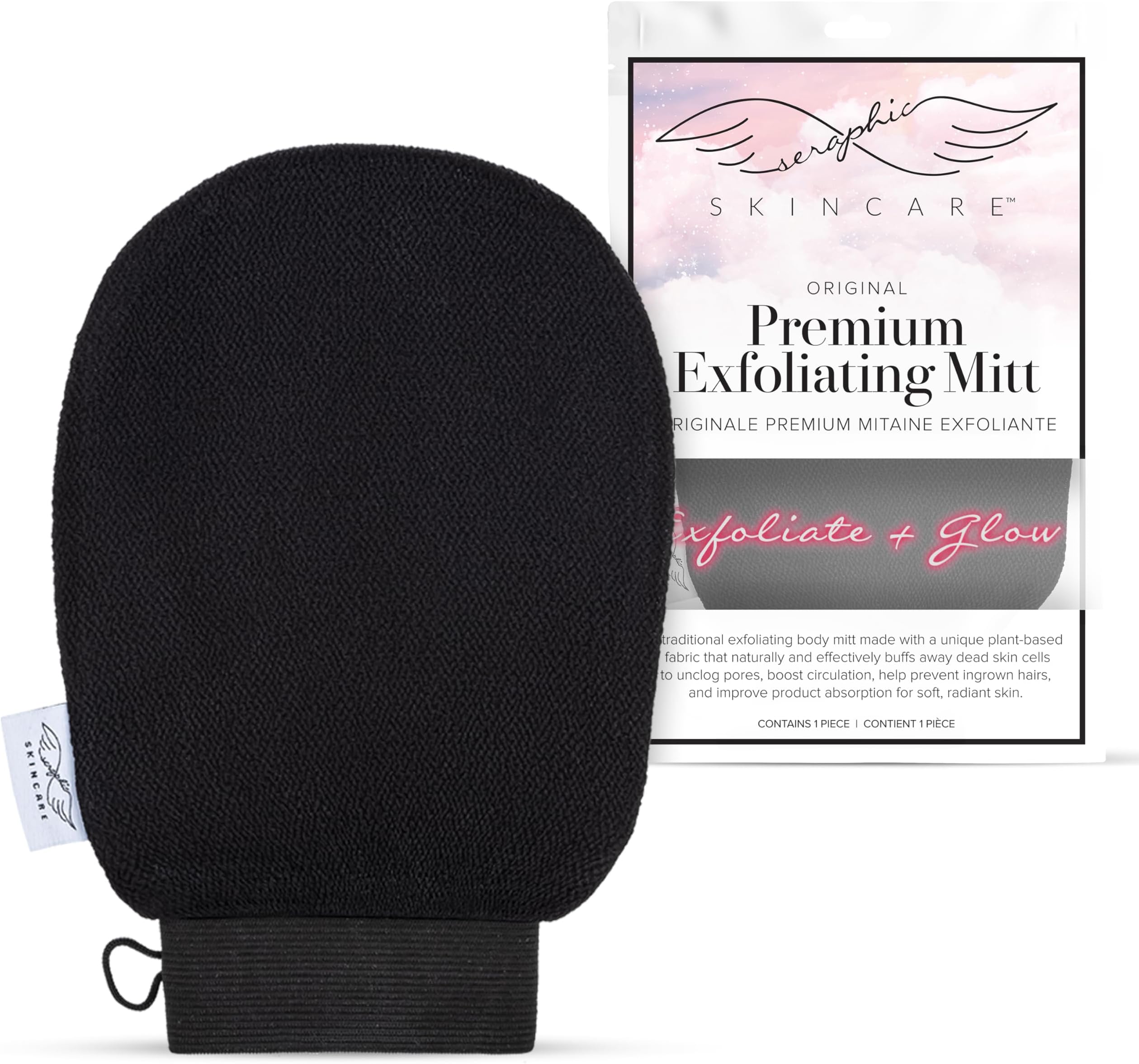 SERAPHIC SKINCARE Korean exfoliating mitts (1pc) microdermabrasion at home, exfoliating gloves visibly lift away dead skin, great for spray tan removal or keratosis pilaris, made of 100% viscose fiber