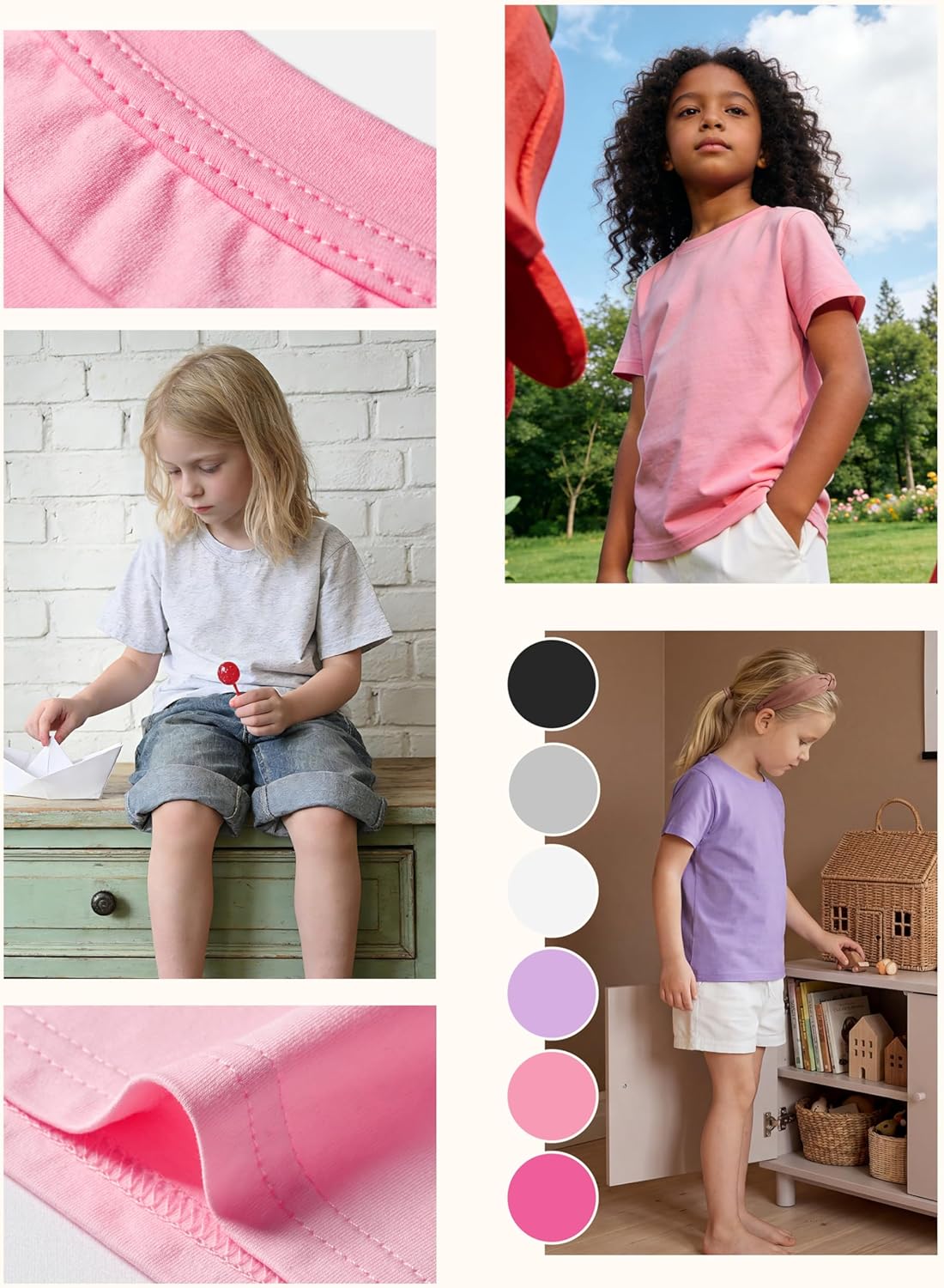 6 Pack Toddler Girl T Shirts Baby Girls Short Sleeve Cotton Plain Tees Solid Shirts for Preschool Everyday Wear