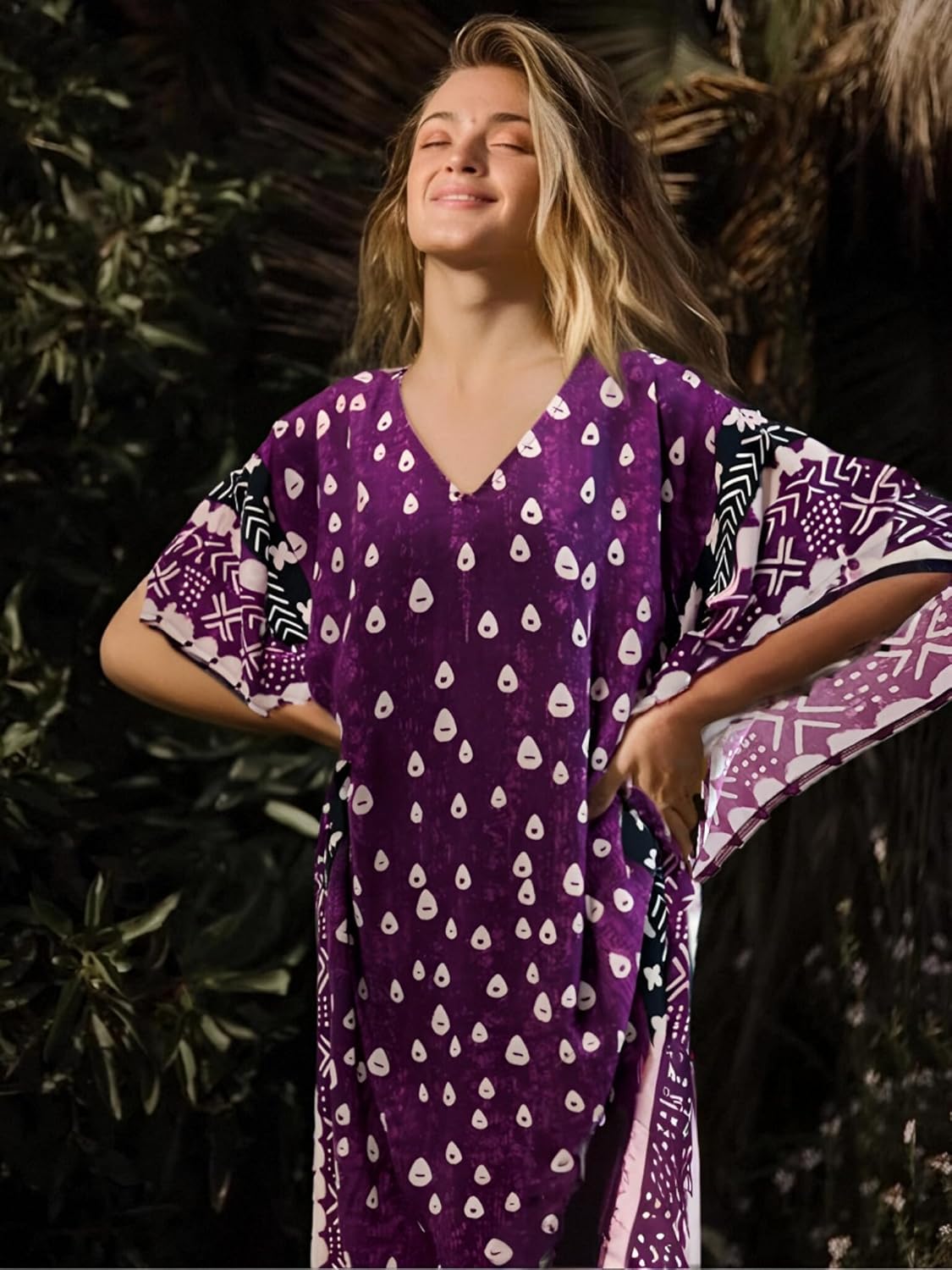 Beach Cover-ups Women's Wave Point V-Neck Caftans Rayon Ethnic Print Plus Size Caftan Over-Sized Half-Sleeve Kaftan