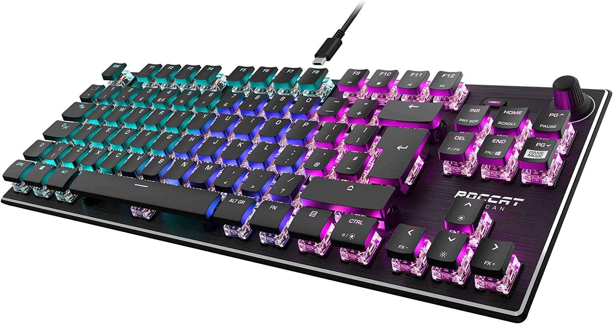 Roccat Vulcan TKL (UK Layout) Mechanical PC Gaming Keyboard, Tenkeyless, Linear Titan Switch, Per-Key AIMO RGB Lighting, Anodized Aluminum Top Plate and Detachable USB-C Cable, Black