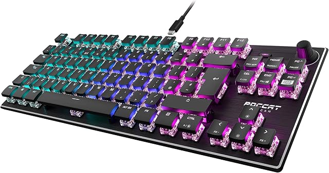 Roccat Vulcan TKL (UK Layout) Mechanical PC Gaming Keyboard, Tenkeyless, Linear Titan Switch, Per-Key AIMO RGB Lighting, Anodized Aluminum Top Plate and Detachable USB-C Cable, Black