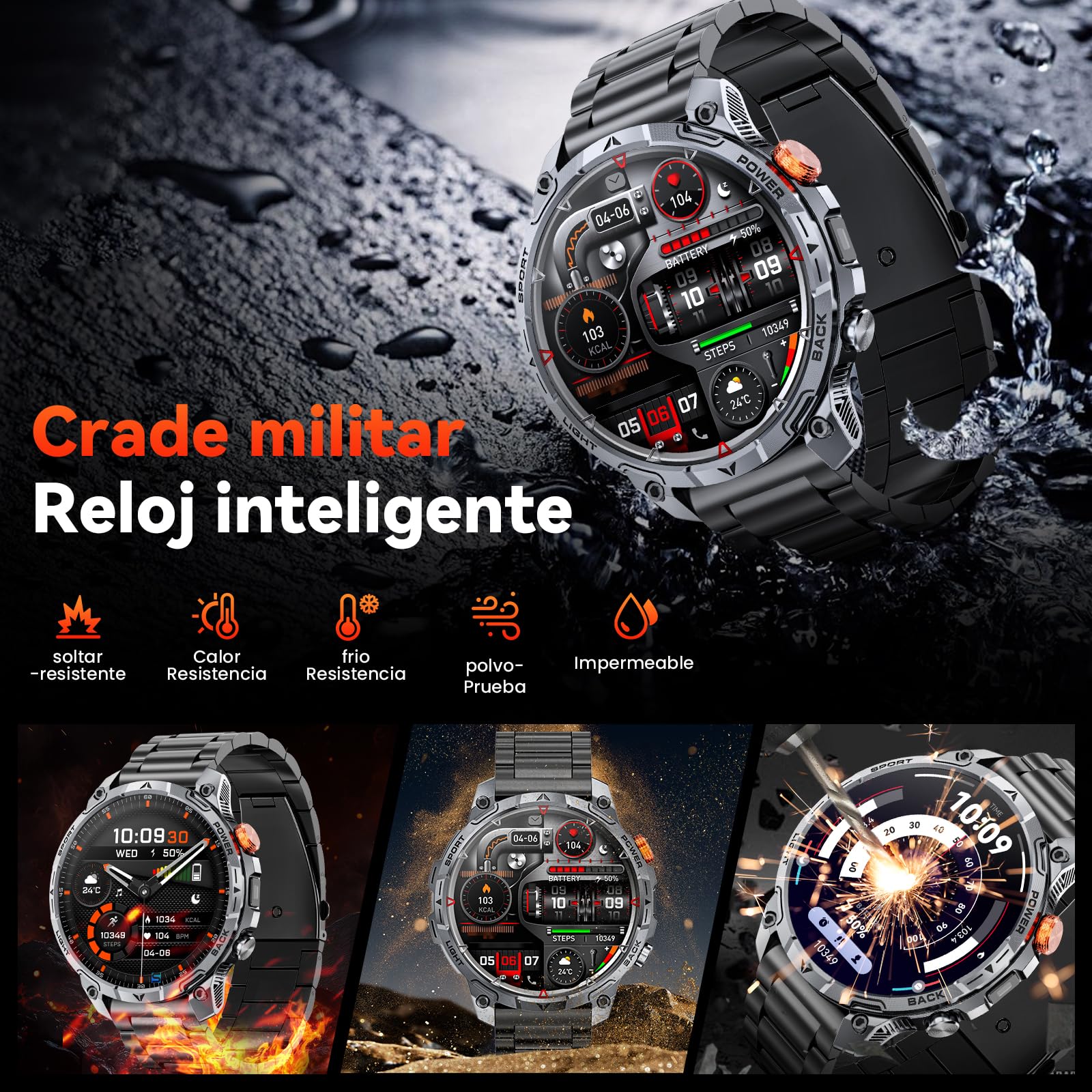 Reloj Inteligente Hombree Militares,1000 mAh Smartwatch, Dos Correas, Pantalla HD 1,75", Linterna LED, 100＋Modos Deportivos, Salud Monitorizada, Llamadas Bluetooth para iOS Android (Negro)