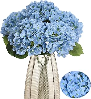 5pcs Blue Artificial Hydrangea Flowers - 21″ Real Touch Hydrangeas Faux Flowers Lifelike Latex Fake Bouquet for Wedding Arrangement Outdoor Home Decor, Coffee Table Centerpieces