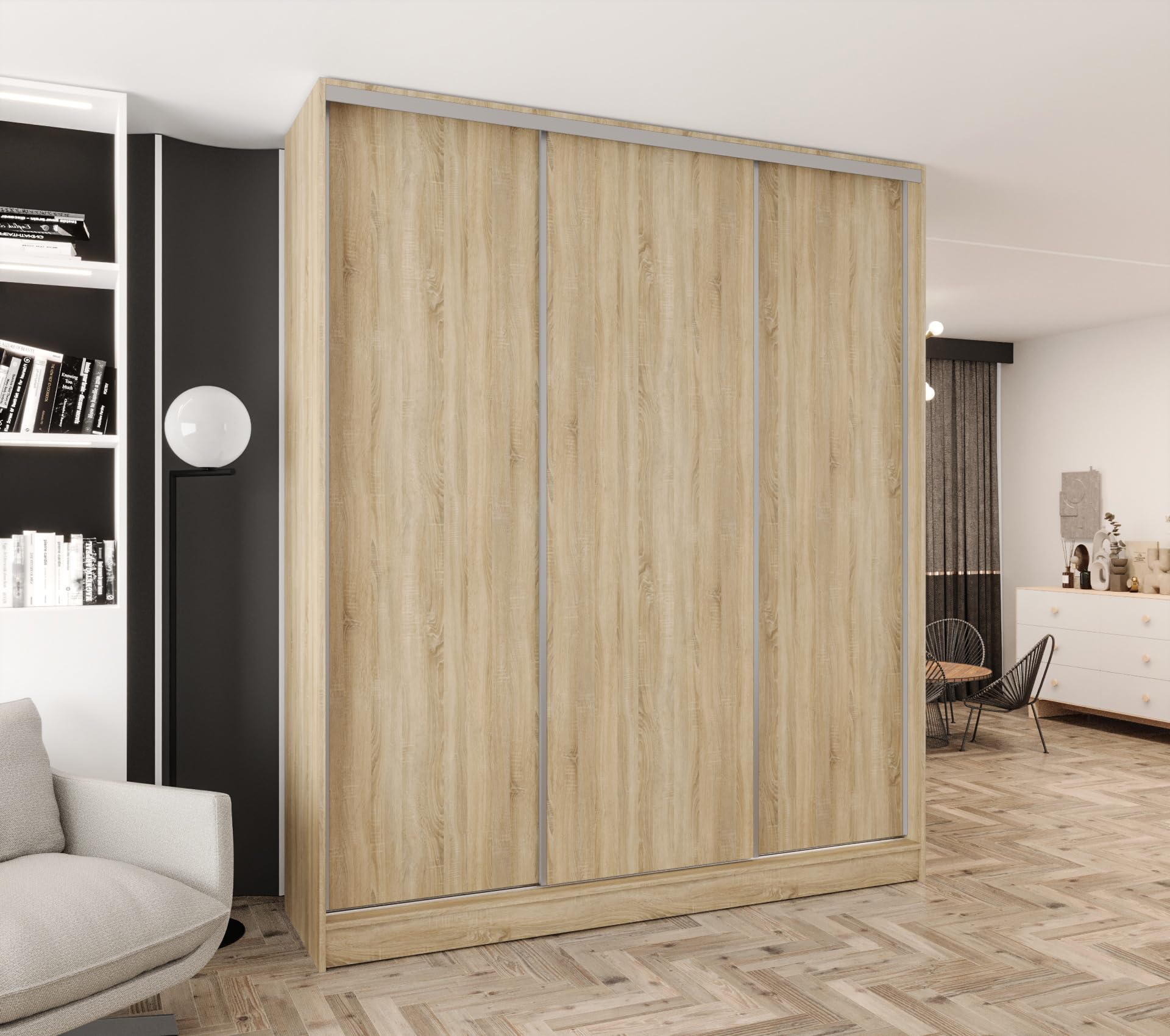 Kleiderschrank mit Schiebetüren 160cm breit Sonomaeich 160x250 cm | 2 Kleiderstangen, 2 Schubladen, MDF Platte, Inklusive Montageset, Mit Einlegeböden, Viel Stauraum, Praktische Aufteilung