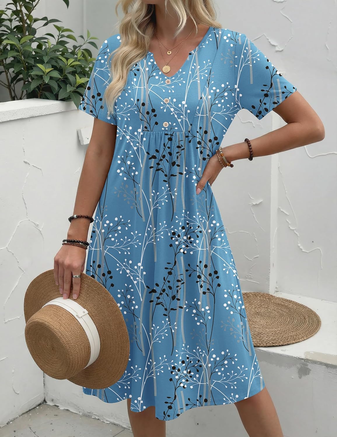 Zeagoo Women Summer Dresses Casual Short Sleeve Midi Dress with Pockets Floral A Line V Neck Beach Vacation T Shirt Sundress - Image 4