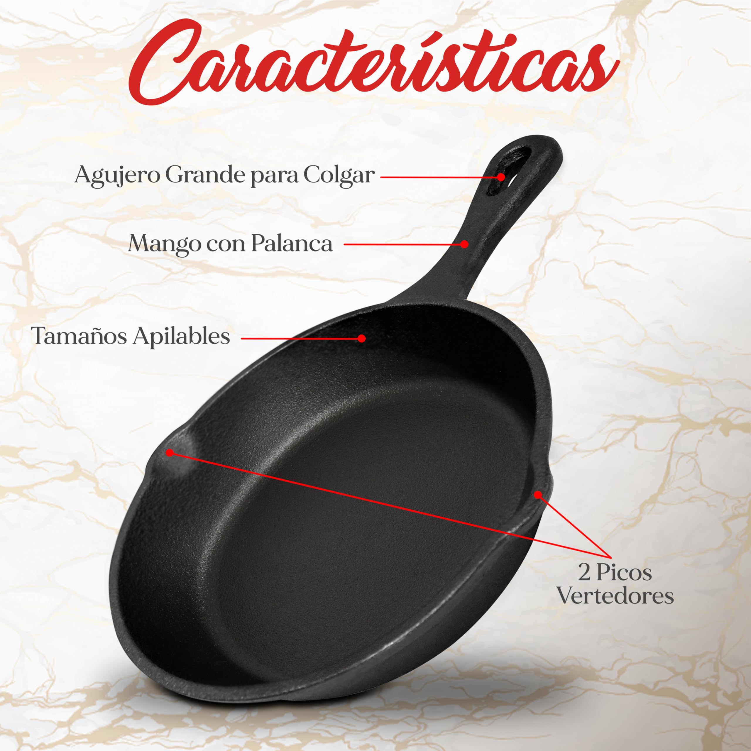 NutriChef sartenes de hierro fundido pre-sazonadas, set de 3 piezas, Boquilla antigoteo y raspador, Compatible con induccion, Estufa electrica, Gas y ceramica
