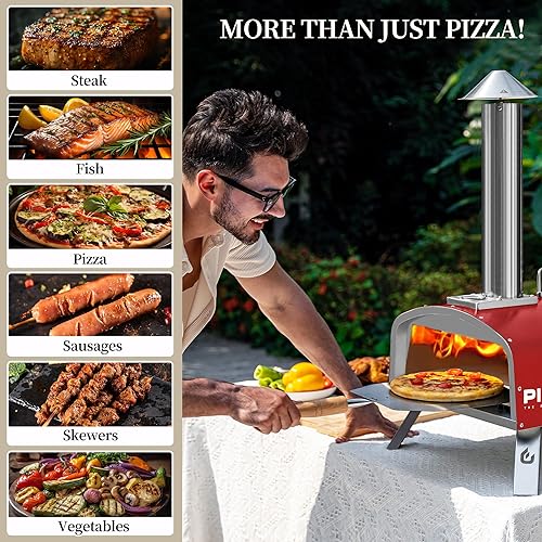 Vista 43 de PIZZELLO Horno de pizza plegable de 13 pulgadas para exteriores con quemador de gas, bandeja de madera, piedra para pizza, cáscara de pizza