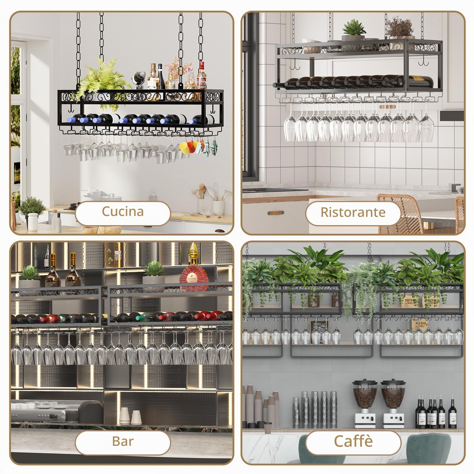 Scaffale da soffitto per vino, regolabile, in stile industriale, regolabile, per bar, ristoranti, cucine, caffetteria