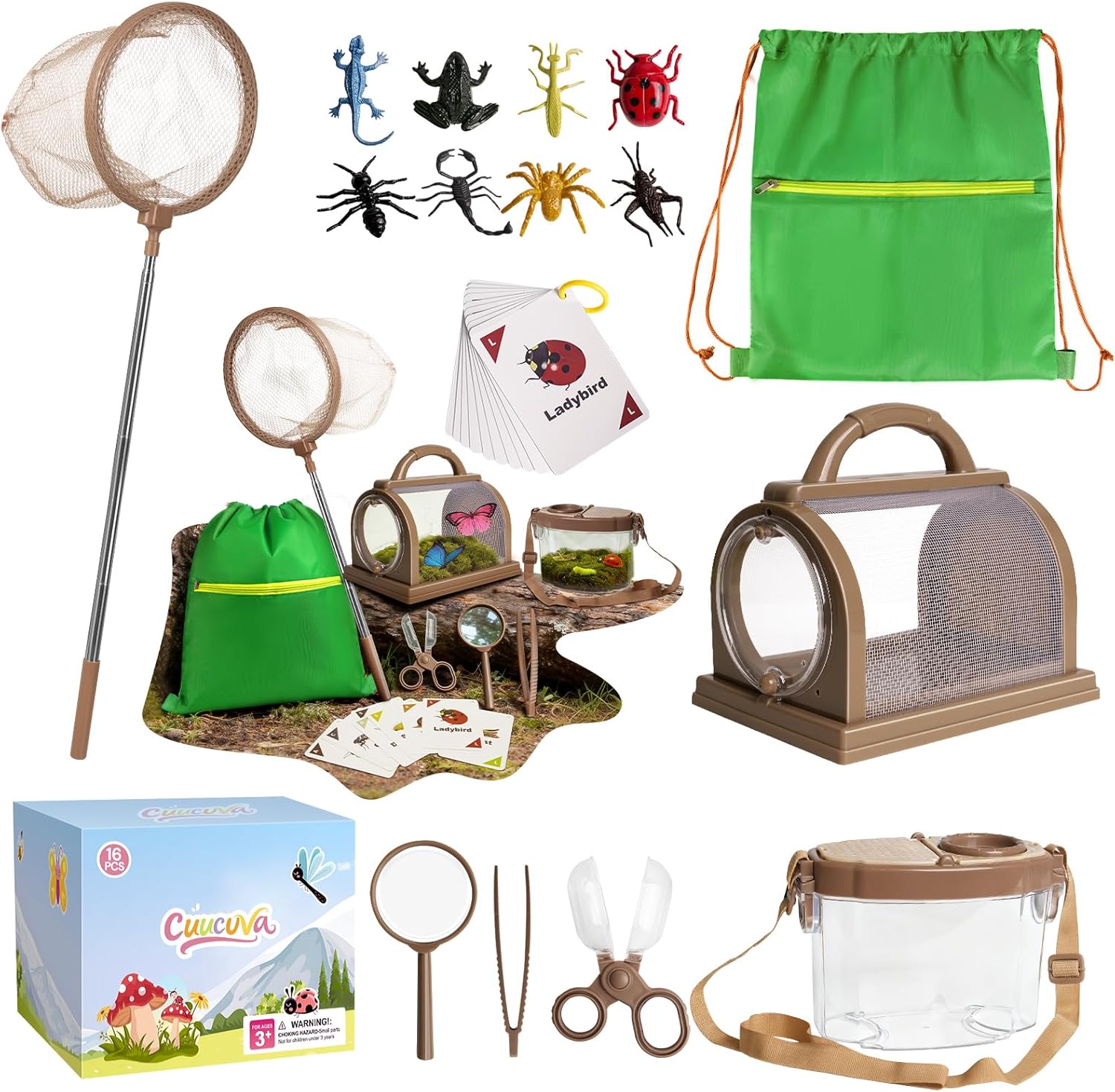 CUUCUVA Bug Catcher Kit for Kids Outdoor Explorer Kit with Insect Cage, Observation Box, Magnifying Glass, 8 Toy Bugs, Net & 10 Cards, STEM Educational Toys Gifting for Boys & Girls Ages 3+