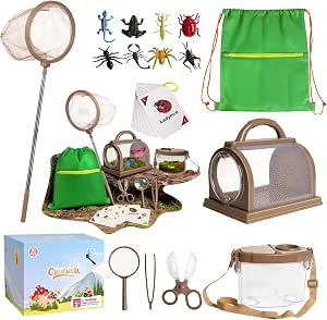 Kids Bug Catcher Kit with Insect Cage, Observation Box, Magnifying Glass, Toy Bugs, Net & Learning Cards