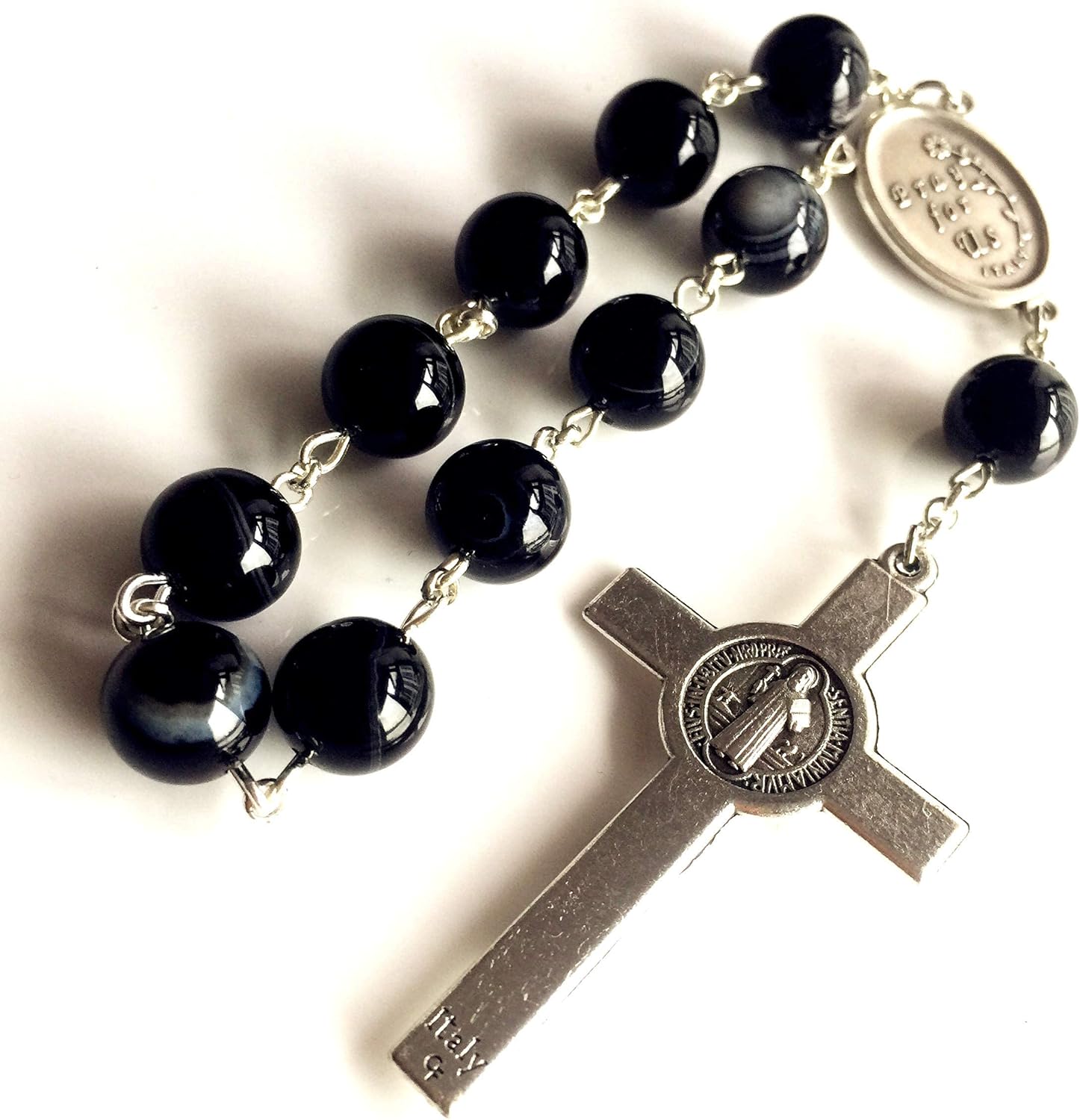 elegantmedical HANDMADE Natural Black Agate bead Catholic Saint St. BENEDICT one decade rosary bracelet cross Religions Gifts Rosary for Car - Image 6