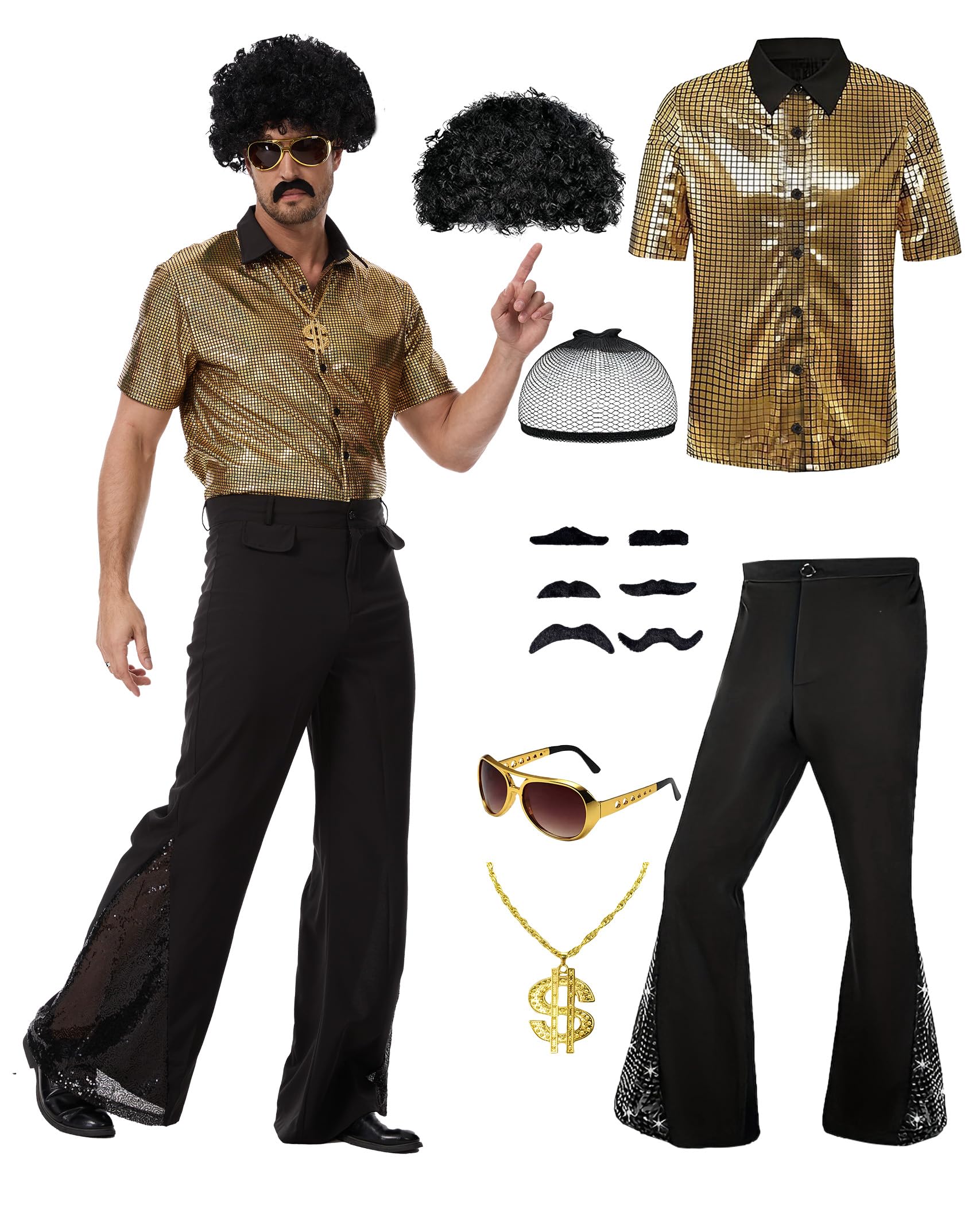 PQCXXA Men's 70s Disco Costume Set - Gold Sequin Shirt & Black Flared Trousers with Dollar Necklace, Sunglasses, Afro Wig & Moustache - Retro 1970s Fancy Dress Outfit for Men (Gold, XL)