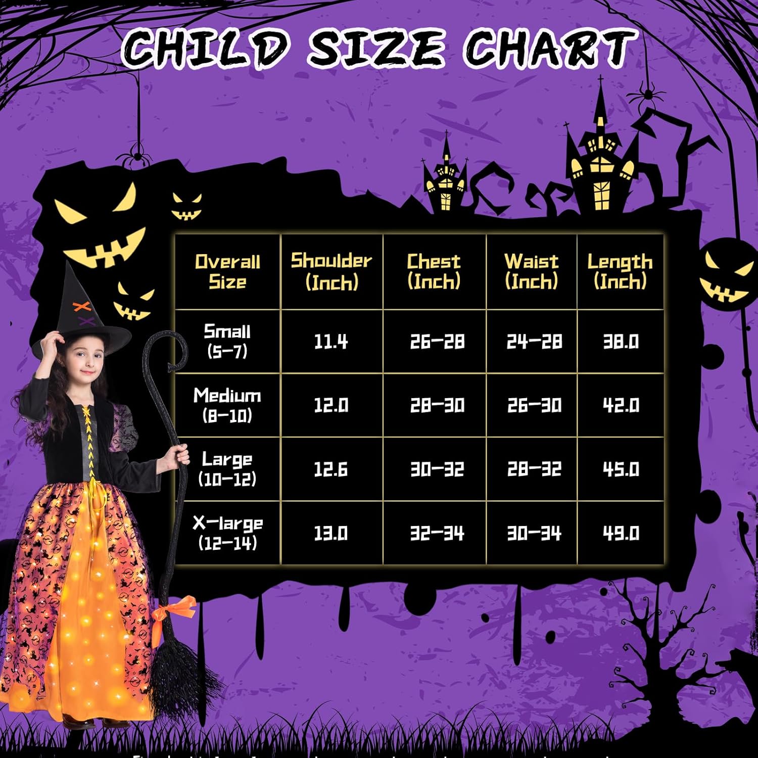Poshetion Witch Halloween Costume for Girls, Light Up Witch Dress Deluxe Outfit with Hat and Broom, for Halloween Party - Image 5